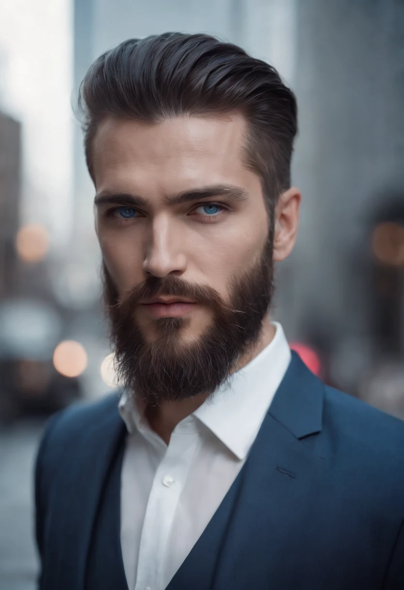 (Cyberpunk man in stylish clothes), (with a long and full beard,) (blue eyes) (portrait) Handsome and serious appearance, dark blue hair, Elegant and elegant, and strong body very formal white shirt, (Picture realistic and high quality), ((Best quality, 8k, master piece).