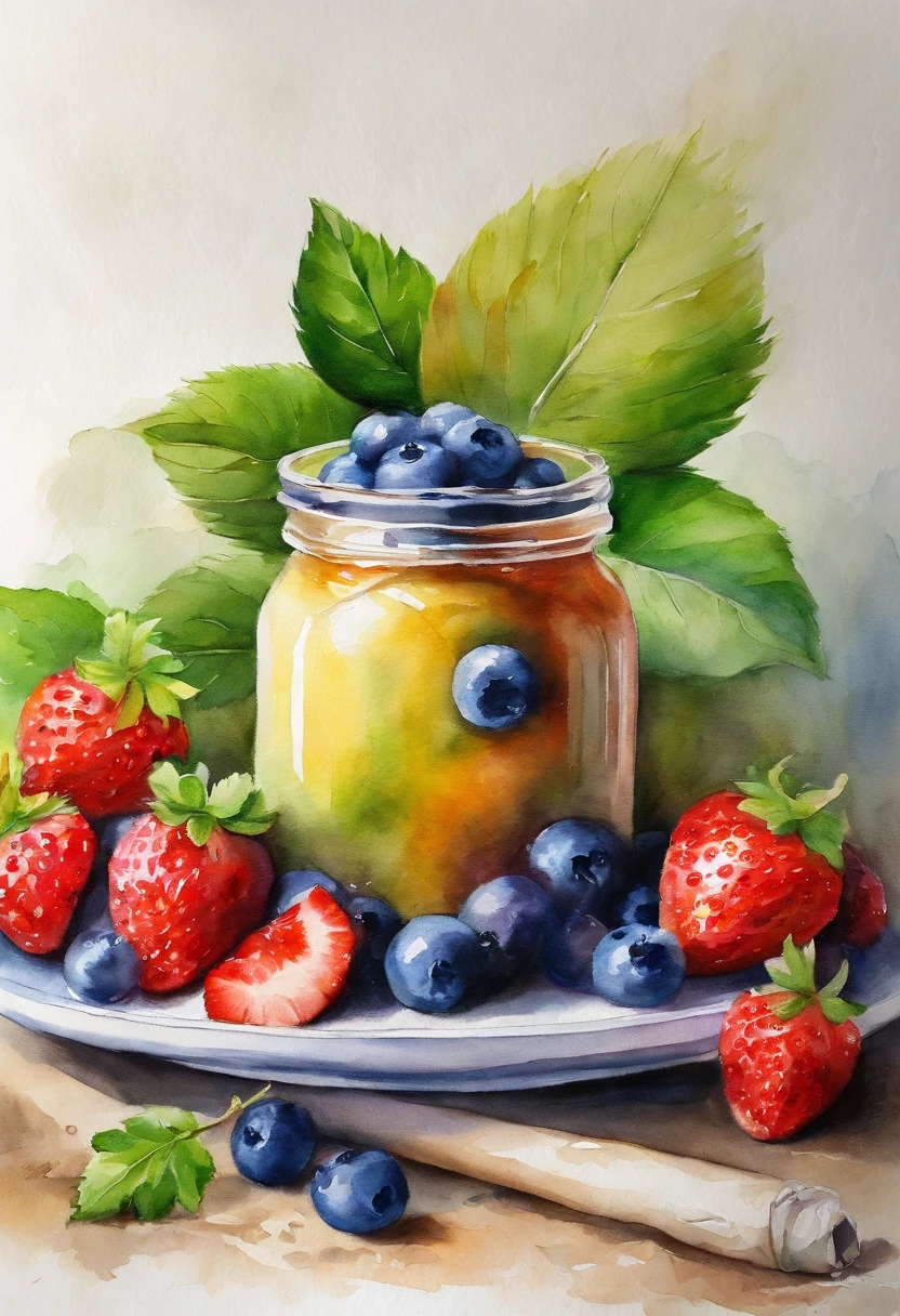 Painting of a jar of jam with strawberries and blueberries - SeaArt AI