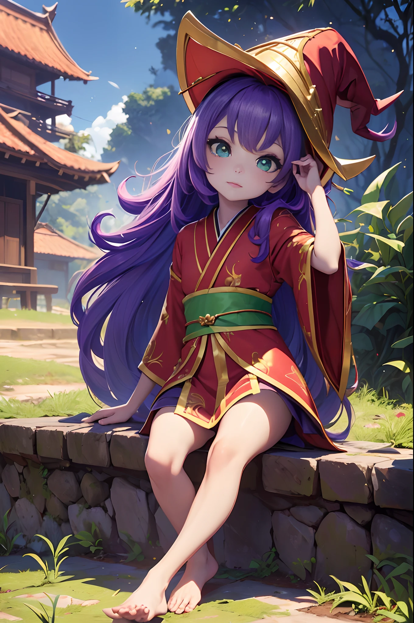 ((masterpiece)), melhor qualidade, Ultra high resolution, (fotorrealista: 1.4), (obra-prima, melhor qualidade,(1 menina), ((Lulu)) \(League of Legends\) kimono vermelho com detalhes douradis, joias, illustration, gargantilha, estrela \(simbol\), uma borboleta roxa, olhos verdes, olhos brilhantes, cabelo roxo, cabelo roxo, cabelos longos, brincos, kimono vermelho, vestido vermelho e dourado, joias de outo, Red and gold witch hat, paisagem, noite, magia, elegante, gueixa, olhar gentil, templo, floresta, ahegao, feets, pele lilas, olhos verdes, olhos detalhados, outono, folhas de outono, kid girl