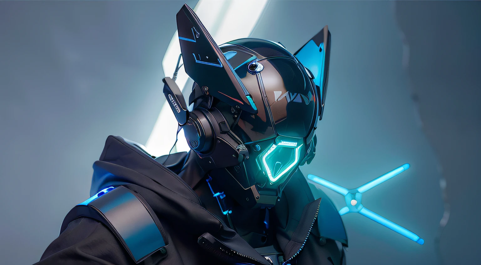 masterpiece, best quality, a close up of a futuristic looking cyborg man with a fantastic cyberhelmet head with blue triangle led lights and a halo, wearing a blue techwear jacket, black background. neon blue butterfly wings leds.