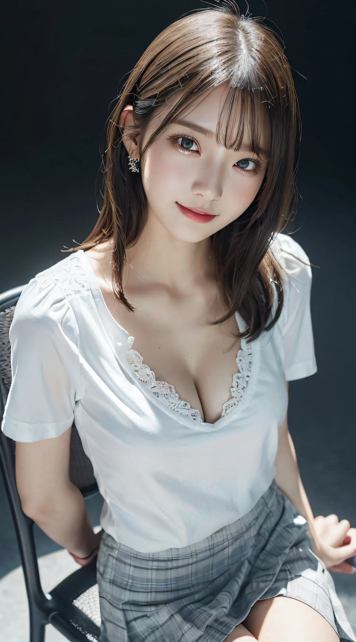 Innocent 20 year old girl、((White Y-shirt、School uniform skirt、Plain grey skirt, Dramatic poses)),Smile,short-cut、Modern room、Raw photo, (8K、top-quality、masterpiece:1.2)、(intricate detailes:1.4)、(Photorealsitic:1.4)、octane renderings、Complex 3D rendering ultra detail, Studio Soft Light, Rim Lights, vibrant detail, super detailing, realistic skin textures, Detail Face, Beautiful detail eyes, Very detailed CG Unity 16k wallpaper, make - up, (detailedbackground:1.2), shinny skin, Full body、cleavage of the breast,((Angle from above,sit a chair))