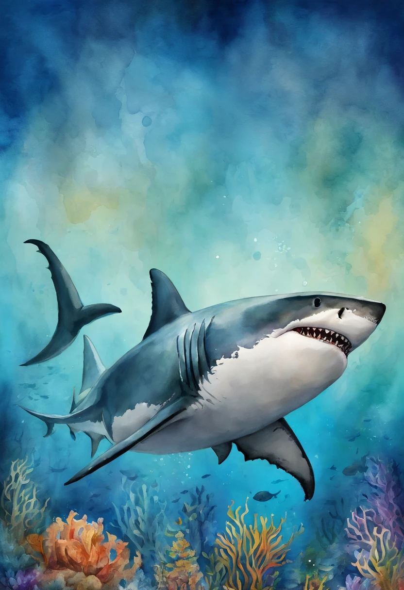 Laid back great white shark,Swim in the sea,Flick your tail,Curved body,C-type body,Deep sea background,Blue base
