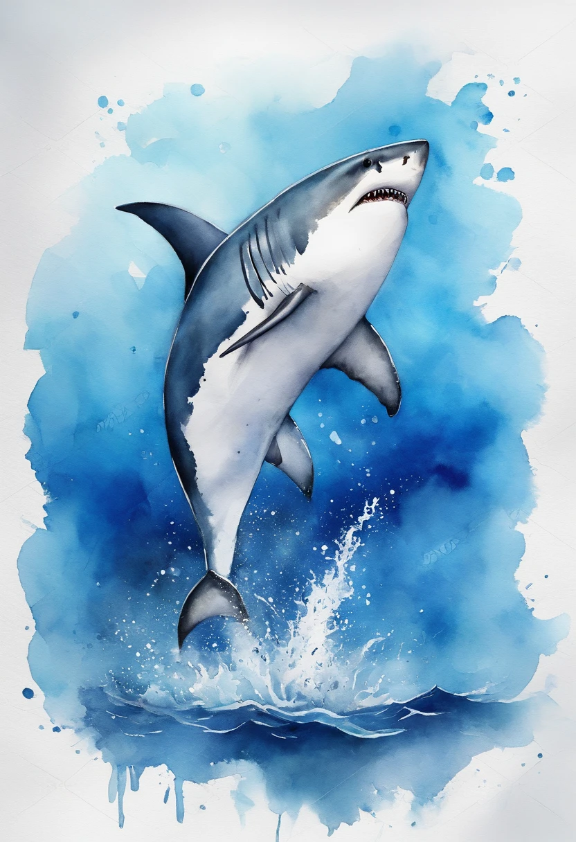 Laid back great white shark,Swim in the sea,Flick your tail,Curved body,C-type body,Deep sea background,Blue base