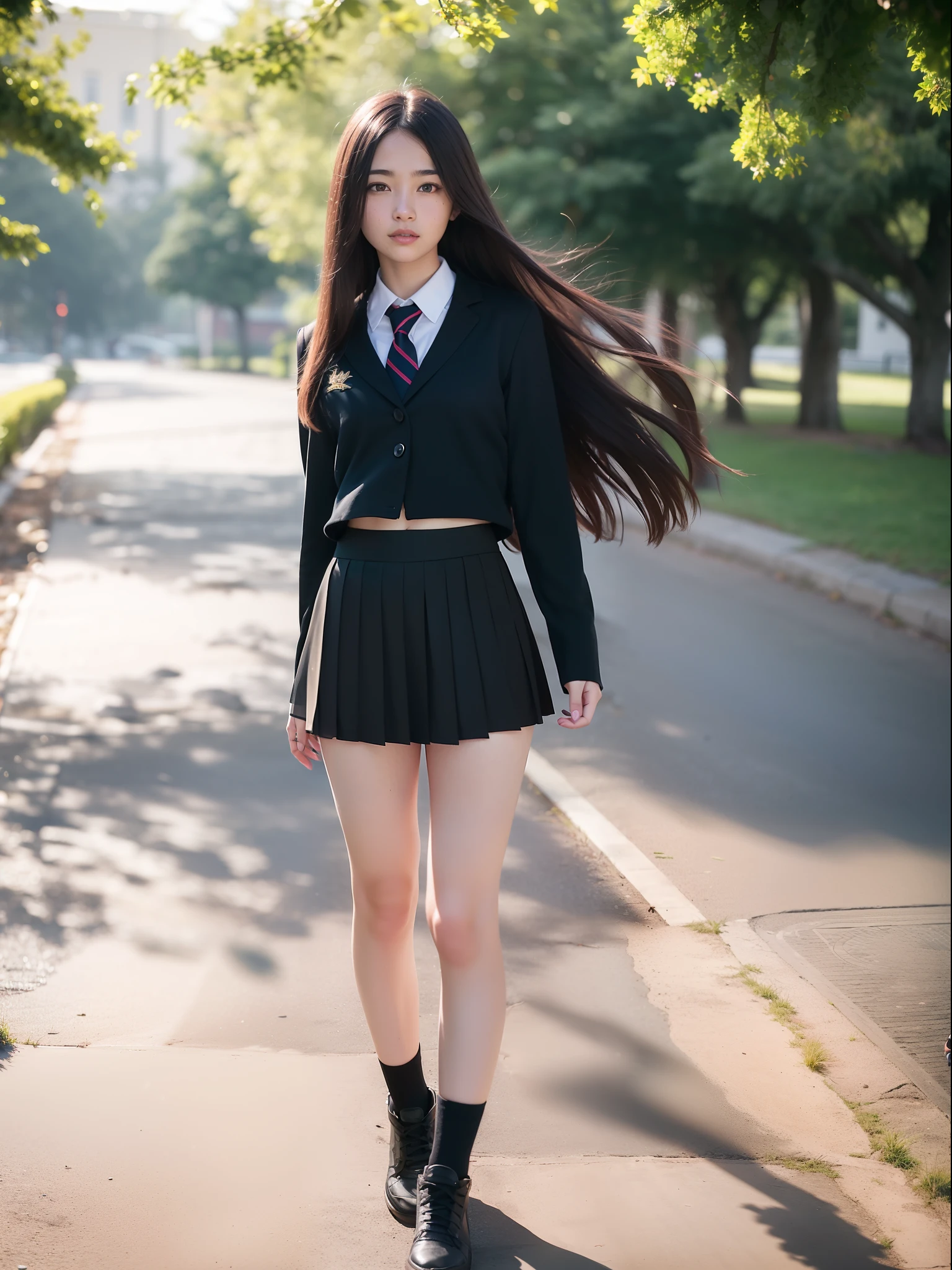 18 Year Old Woman, Long hair, Raw photo, Bokeh (Realism: 1.4, Realistic), high-definition CG unified 8K wallpapers, 1girl in, ((Slim body: 1)), (Small breasts: 1), Back to viewers, ((Direct view from the front)), (HQ Skin: 1.4), 8K UHD, Digital SLR, Soft light, High quality, Film grain, FujifilmXT3, ((School uniform, Short skirt,See-through open skirt:1.5)), ((plein air, on the park))) jangjoo, Portrait,((Layered short haircuts, Black Hire,tiny chest:1.2)),(Looking at Viewer:1.4),(Full body:1.8),Detailed face,undergarment,
