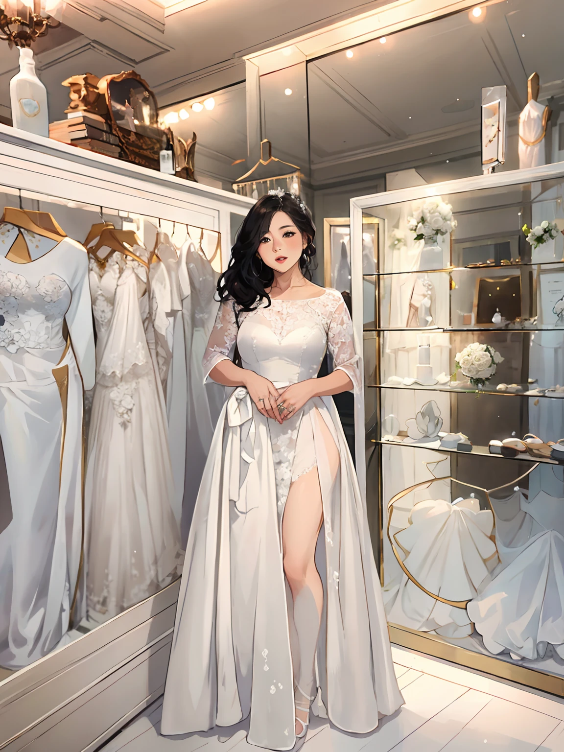 there is a woman standing in front of a display case of wedding dresses, wearing a wedding dress, white gown, background is heavenly, wearing organza gown, gown, wearing long gown, ao dai, wearing a wonderful dress, wedding dress, dress and cloth, traditional dress, wearing an elegant dress, wearing a white folkdrakt dress, full dress,