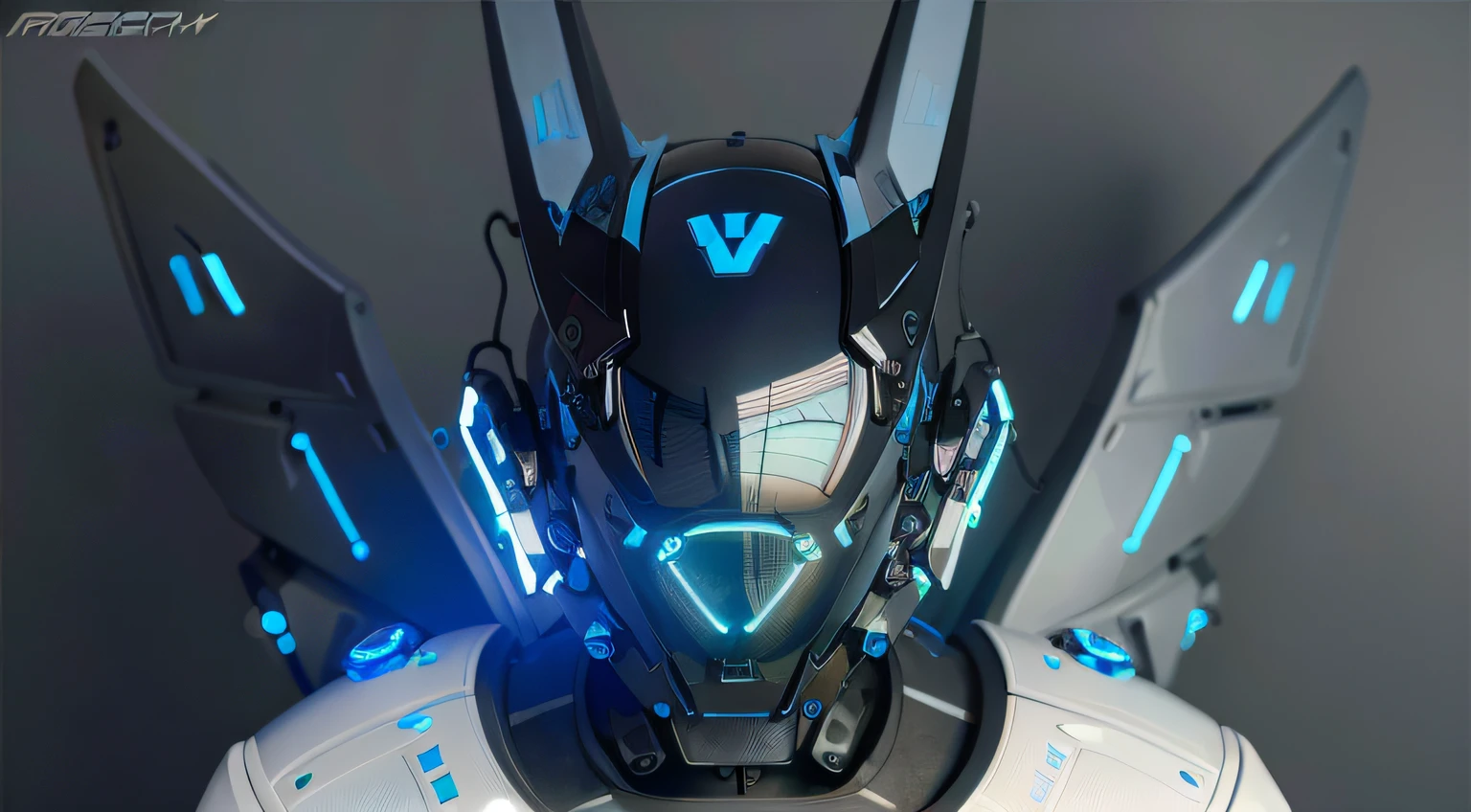 masterpiece, best quality, a close up of a futuristic looking cyborg man with a fantastic cyberhelmet head with blue triangle led lights and a halo, wearing a blue techwear jacket, black background. neon blue butterfly wings leds.