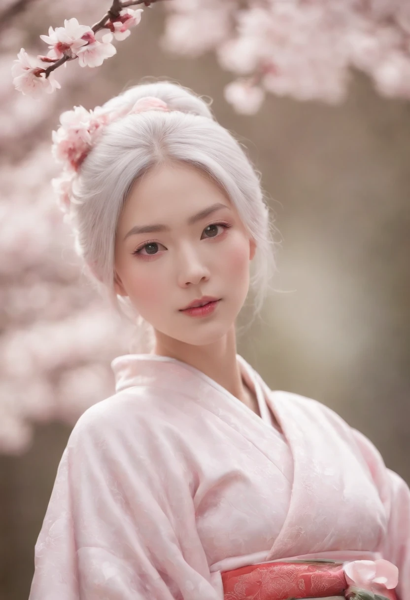 A hyper-realistic, Highly detailed, High resolution 16K image of youth, Beautiful female ghost or guardian spirit. She has pale pink hair and translucent skin, Wear a traditional kimono of Japan with a small cherry blossom design on the obi. This image is、It captures the ethereal beauty and mystique of the spirit world. The style is inspired by delicacy, Soft aesthetics found in Japan traditional performing arts.
