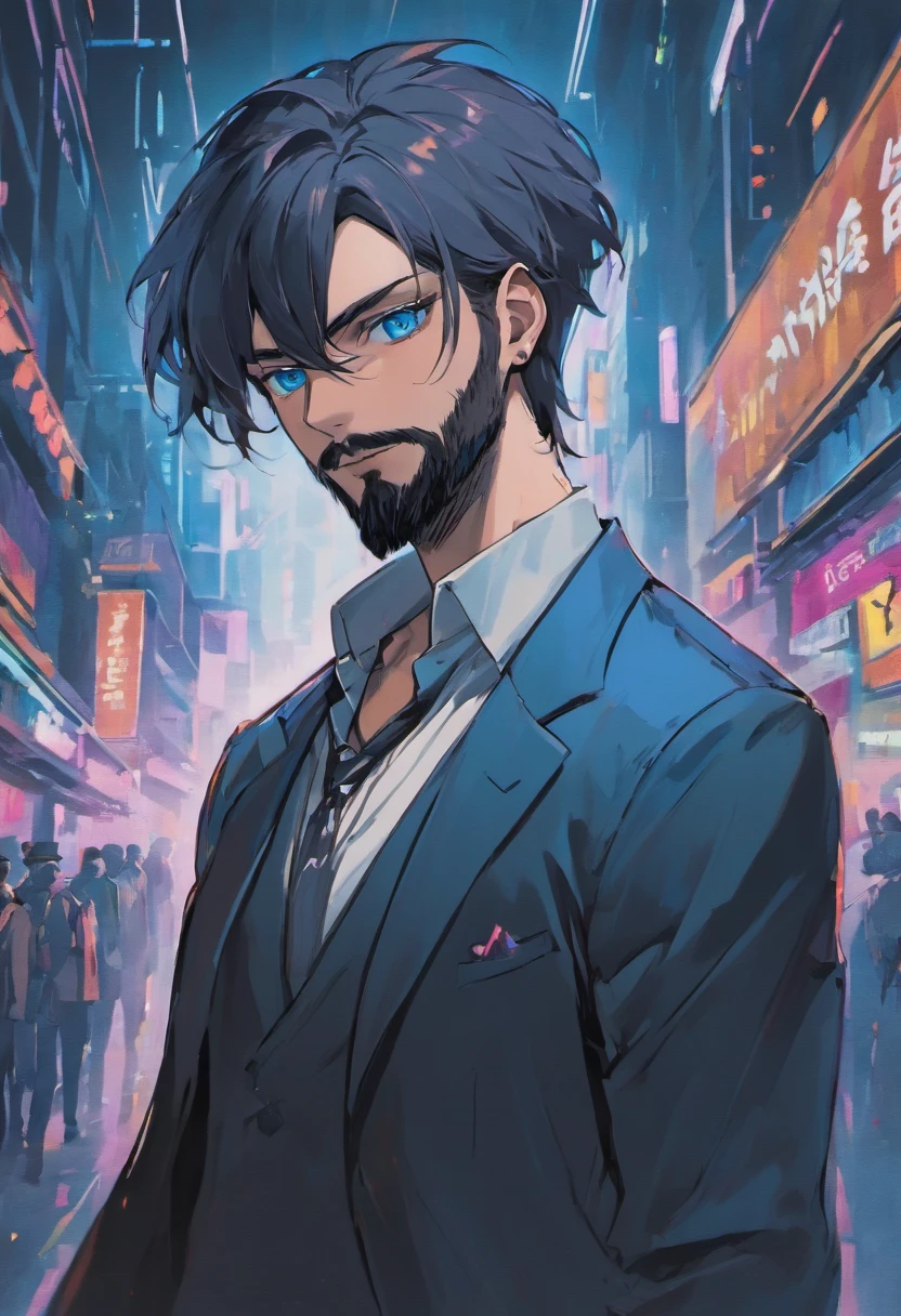 (Cyberpunk man in stylish clothes), (with a long and full beard,) (blue eyes) (portrait) Handsome and serious appearance, dark blue hair, Elegant and elegant, and strong body very formal white shirt, (Picture realistic and high quality), ((Best quality, 8k, master piece).