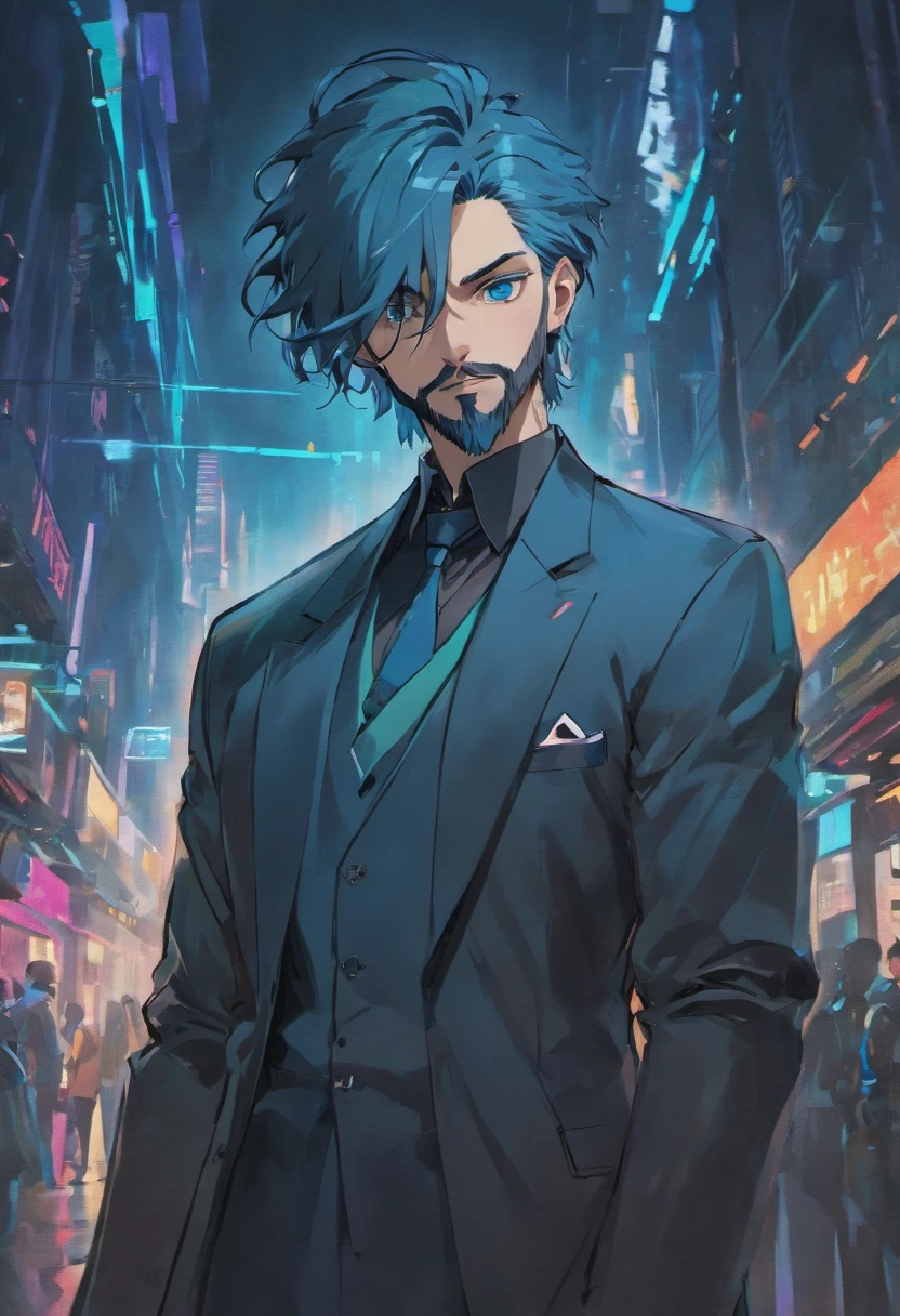(Cyberpunk man in stylish clothes), (with a long and full beard,) (blue eyes) (portrait) Handsome and serious appearance, dark blue hair, Elegant and elegant, and strong body very formal white shirt, (Picture realistic and high quality), ((Best quality, 8k, master piece).
