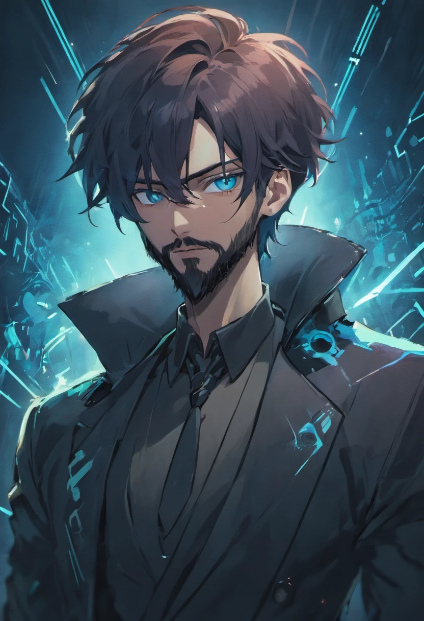 (Cyberpunk man in stylish clothes), (with a long and full beard,) (blue eyes) (portrait) Handsome and serious appearance, dark blue hair, Elegant and elegant, and strong body very formal white shirt, (Picture realistic and high quality), ((Best quality, 8k, master piece).