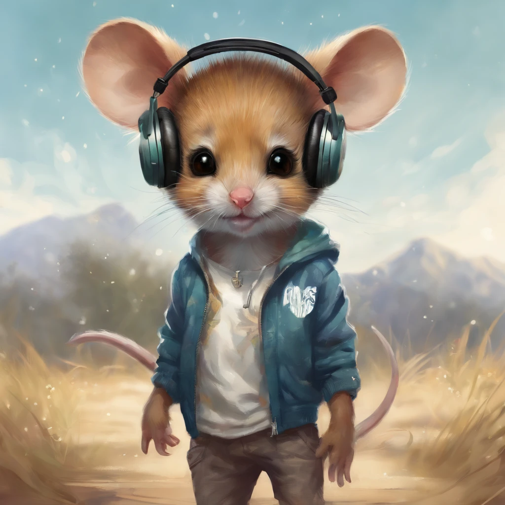 Perfect centering, Cute mouse, Wear a student team jacket, Wearing sunglasses, Wearing headphones, cheerfulness, Standing position, Abstract beauty, Centered, Looking at the camera, Facing the camera, Approaching perfection, Dynamic, Highly detailed, Smooth, Sharp Focus, 8K, hight resolution, Illustration, art by carne griffiths and wadim kashin, White background