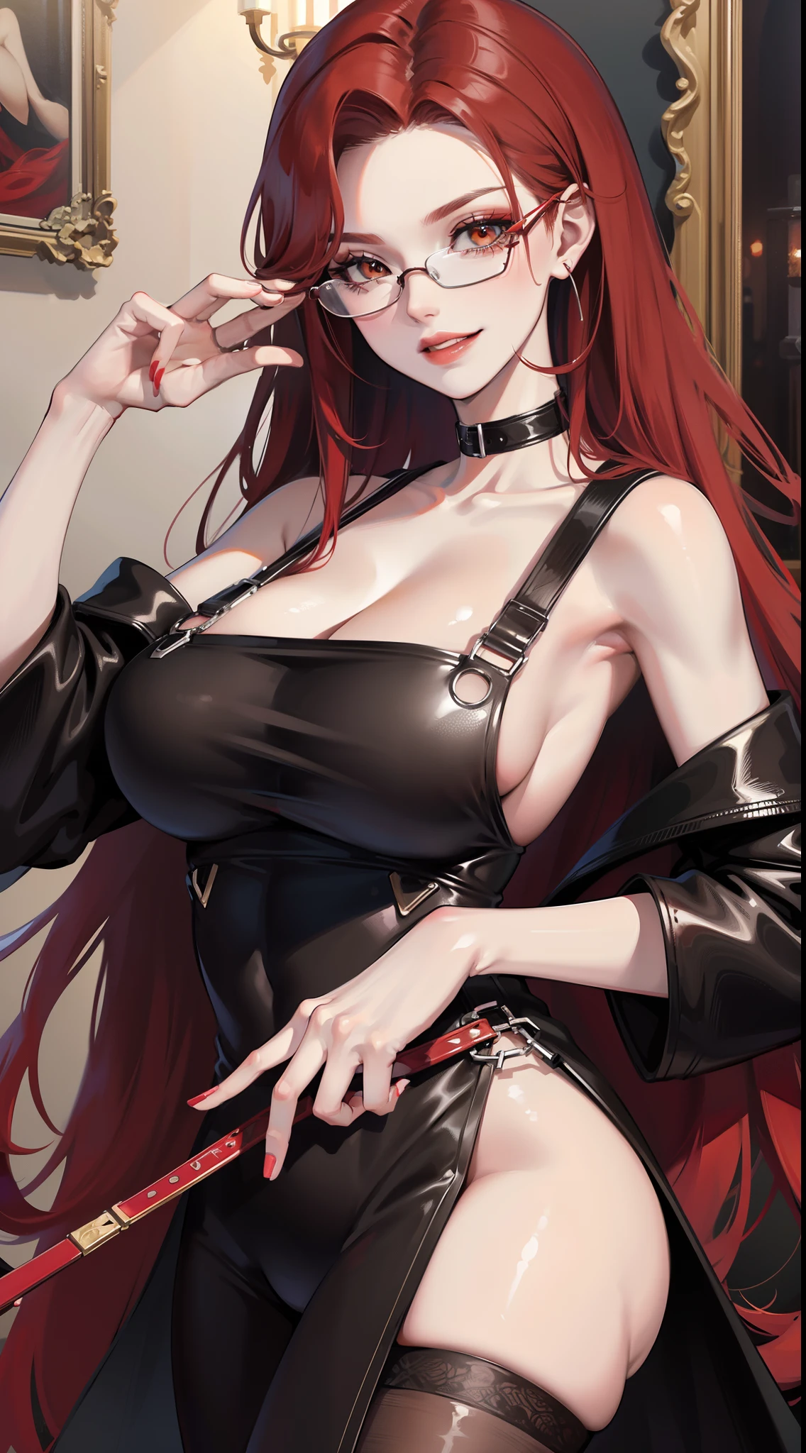 Adult woman, Long red hair, Brown eyes, eyeglasses, red lipstick, large breasts, Black Dense Overall Shape, evil, smirk, fetters, open breasts, Masterpiece, hiquality, 4k, HD, Good detail