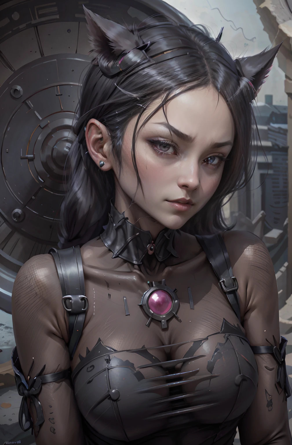 Black hair, hair bobbles, wince, long eyelasher, solid circle eyes, Ear blush, Fang, surrealism, shadowing, anaglyph, tachi-e, angle of view, Atmospheric perspective, 8K, Super detail, ccurate, Best quality,The clothes are white and transparent,A little sweat on the face