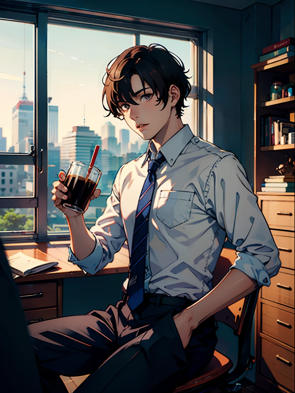 2boys,11 only、(Man's :2),(bobhair:1.5)、A dark-haired、Brown hair、Drinking coffee、chum、Brightly colored ties、Cluttered office、twilight,Natural lighting、hightquality、masutepiece,8K,hight resolution、