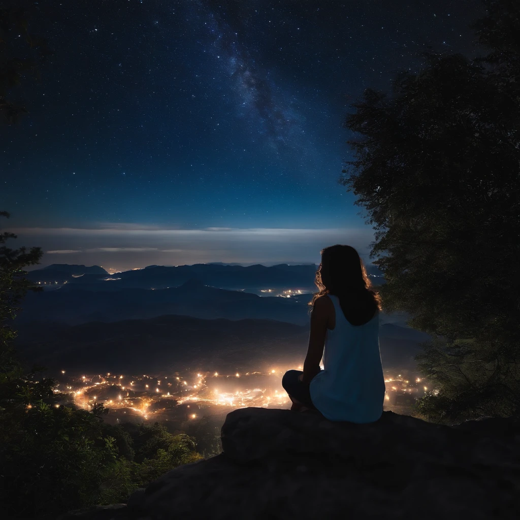 octans, sky, star (sky), scenery, starry sky, night, 1girl, night sky, solo, outdoors, building, cloud, milky way, sitting, tree, long hair, city, silhouette, cityscape --auto --s2