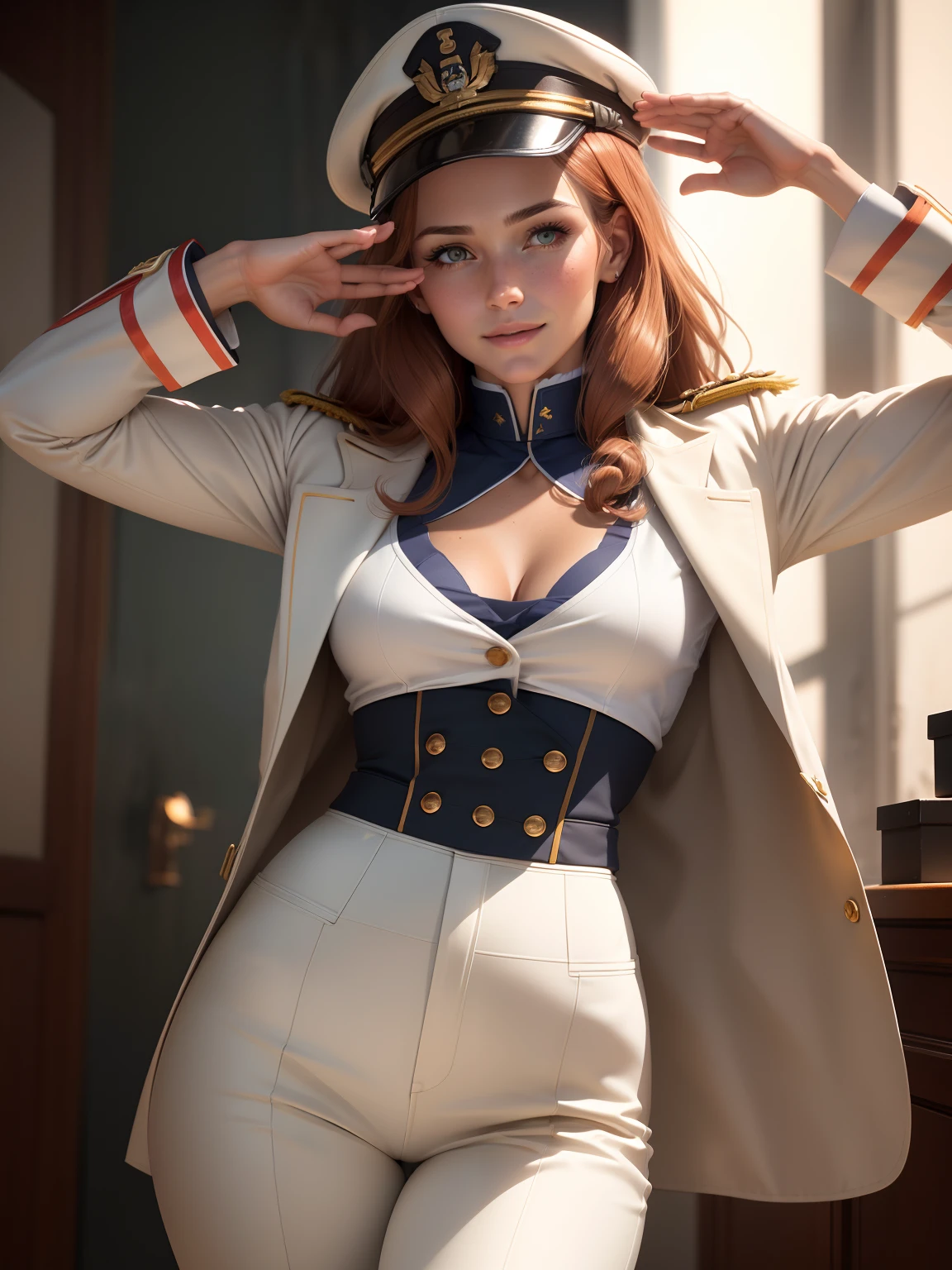 (1girl:1.4), (sfw), (clothed), (masterpiece), illustration,(realistic:1.5), (specular lighting:1.4), (hyperrealistic:1.2), (photorealistic face:1.2), (perfect face), (best quality), (8k), (4k), photorealistic, sharp focus, octane render, best quality, extremely detailed, intricate, hyper detailed, fantasy, soft lighting,(small breasts:1.4), (skindentation:1.3), Matilda Ajan from Gundam, Matilda Agen, Matilda Ajan, looking straight at viewer, tan full uniform, tan color uniform, tight off-white pants, slim body, perfect body, standing straight up, military attention, military salute, one hand down, tan officer uniform, tan military jacket, tan buttoned up jacket, perfect hands, military officer hat, tan color hat, warm smile, kind smile, gundam in the background, auburn hair, one hand down, cropped hair, thigh gap