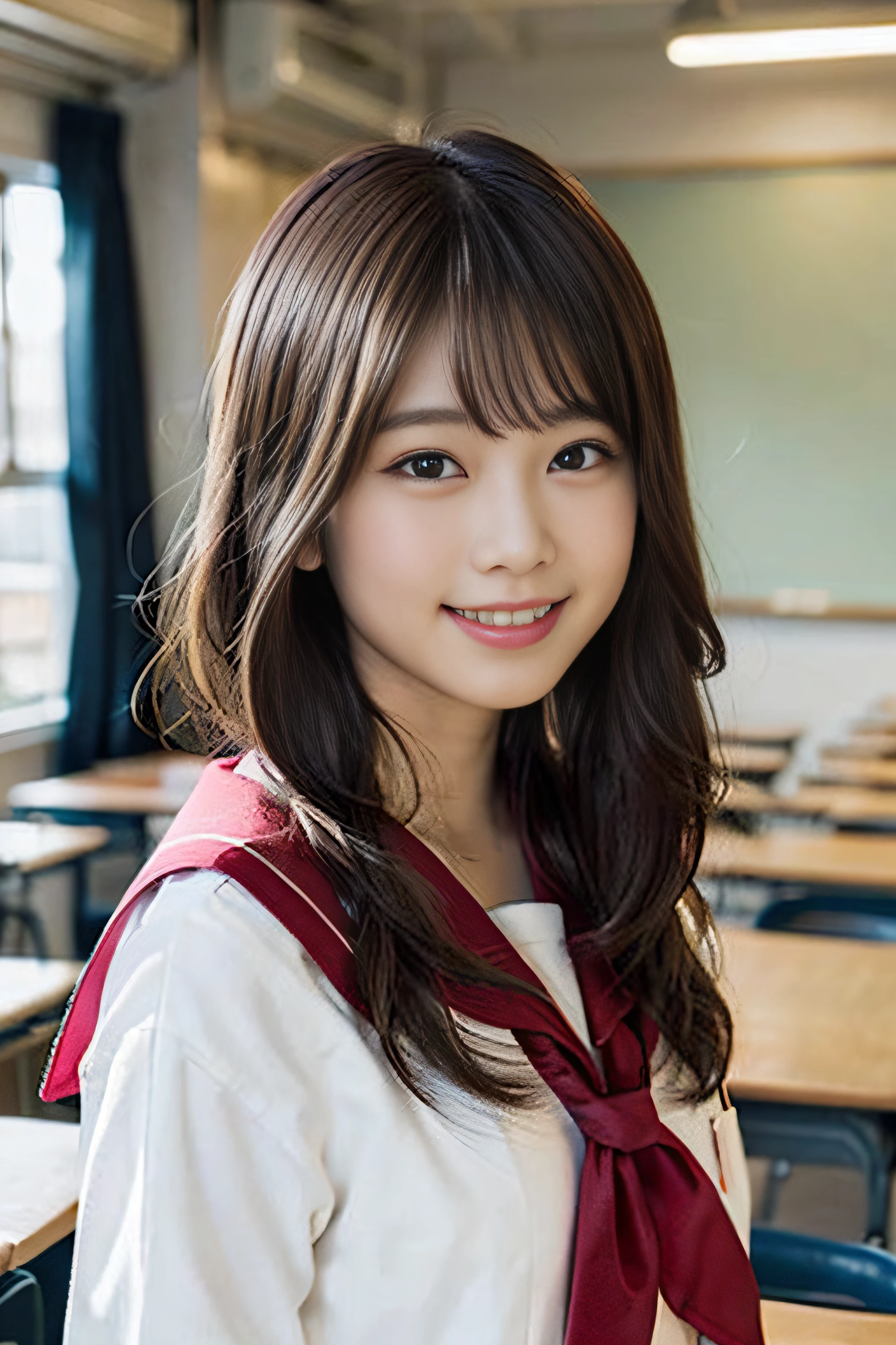 (8K、Raw photography、top-quality、masterpiece:1.2)、(realisitic、Photorealsitic:1.37)、ultra-detailliert、超A high resolution、女の子1人、see the beholder、beautifull detailed face、A smile、Constriction、(Slim waist) :1.3)、Beautiful detailed skin、Skin Texture、Floating hair、Professional Lighting、Whole human body、Longhaire、a blond、japanese hight school uniform、a sailor suit、Classroom、Bob Hair、Panchira、Gray fabric underwear、E-cup、Happy smile、sixteen years old、Red ribbons
