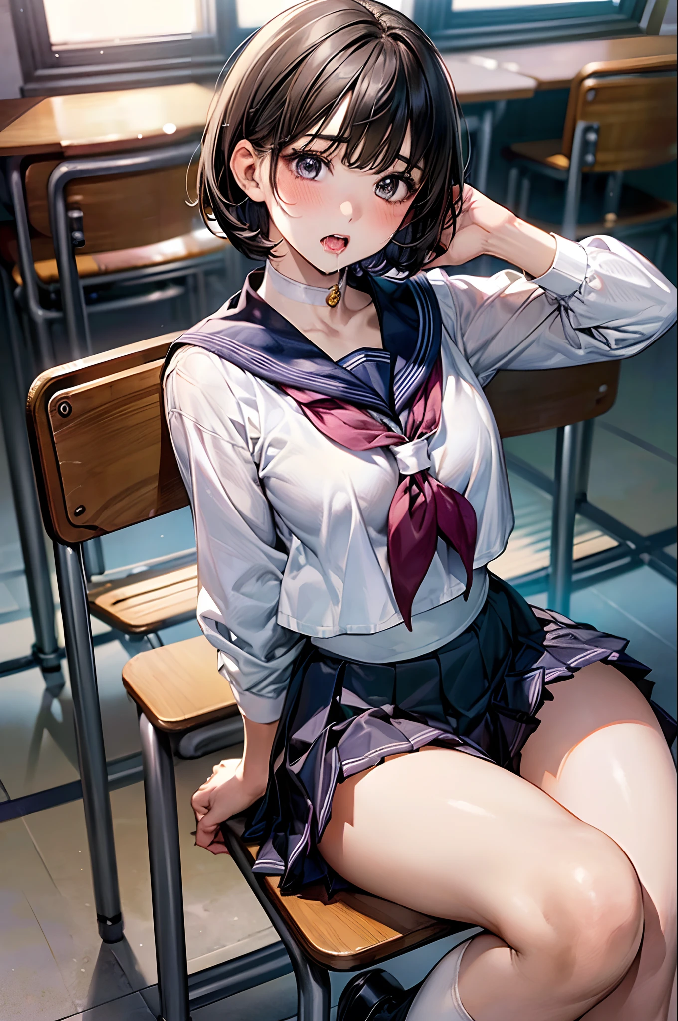 (masterpiece:1.2, top-quality), (realistic, photorealistic:1.4), beautiful illustration, 
looking at viewer, looking away, full body,
1 girl, japanese, high school girl, (short hair:1.4), bob cut, large breasts:0.8, white skin
beautiful hair, beautiful face, beautiful detailed eyes, beautiful body, beautiful chest, beautiful thigh, beautiful legs, 
(beautiful scenery), autumn, classroom, desks, chairs, 
((cute school uniform, long sleeves, pleated skirt, sailor collar, scarf), white panties), high heels, ((animal collar)),
sitting, spread legs, right hand on crotch, left hand on chest, lift up skirt, female masturbation, 
(ahegao, ashamed, drooling, open your mouth wide, ),