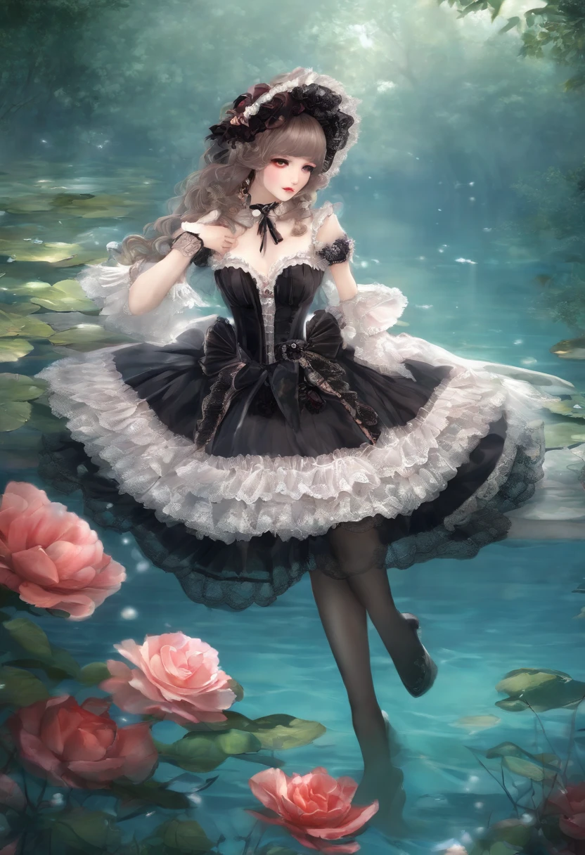 (lingerie:1.3), Takanobu Fujiwara(Takanobu Fujiwara)Digital rendering inspired by, pixiv, rococo, Victoria Gothic Lolita Fashion, Lolita Style,lolita fashion, one-piece,She is swimming in the lake,petticoat,zombie