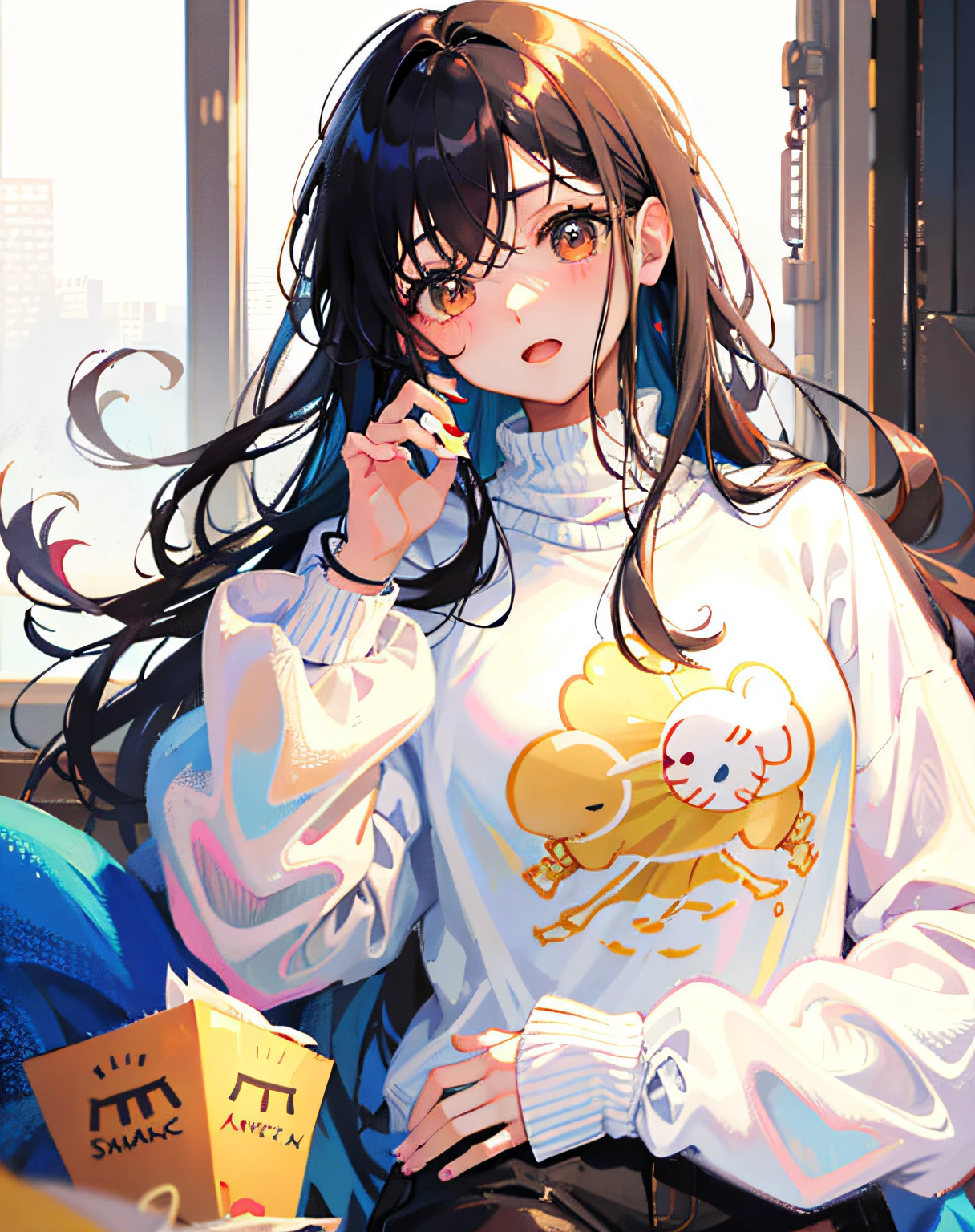 (Realistic painting style:1.0), Masterpiece, Best quality, absurderes, comic strip, illustration,
1 girl, Long hair, Black hair, Cute girl, young and cute girl, Korean girls, {Breasts},
long-sleeves sweater, Wear a long-sleeved sweater, Beige sweater,