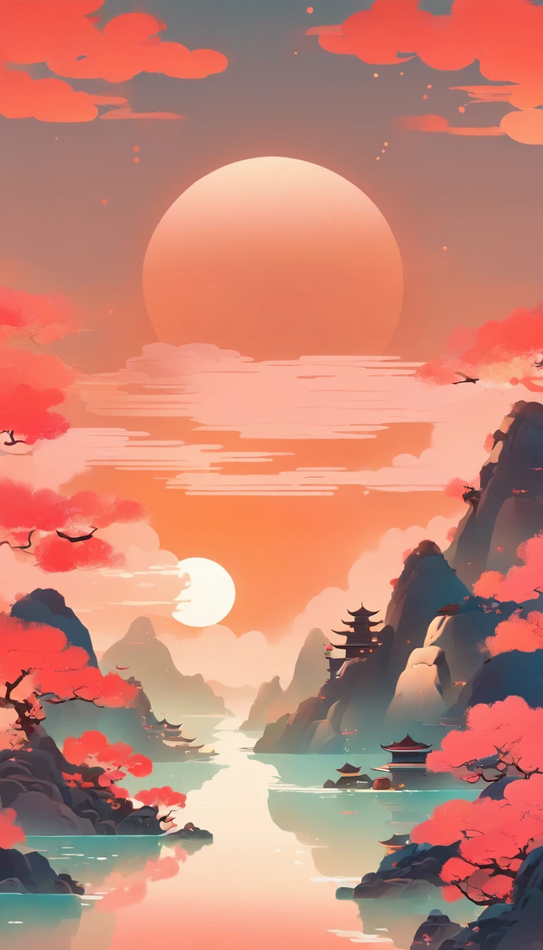 A Chinese woman，Chinese landscape, abstract paintings, Zen, Amy Sol style, Cover art with light abstraction, Simple vector art, Contemporary Chinese art, full moon in the middle, Gradient of color, Soft color palette, layered forms, Whimsical animation, The style is ethereal and abstract
