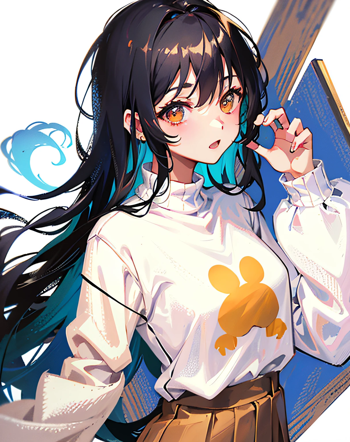 (Realistic painting style:1.0), Masterpiece, Best quality, absurderes, comic strip, illustration,
1 girl, Long hair, Black hair, Cute girl, young and cute girl, Korean girls, {Breasts}, 
long-sleeves sweater, Wear a long-sleeved sweater, Beige sweater,