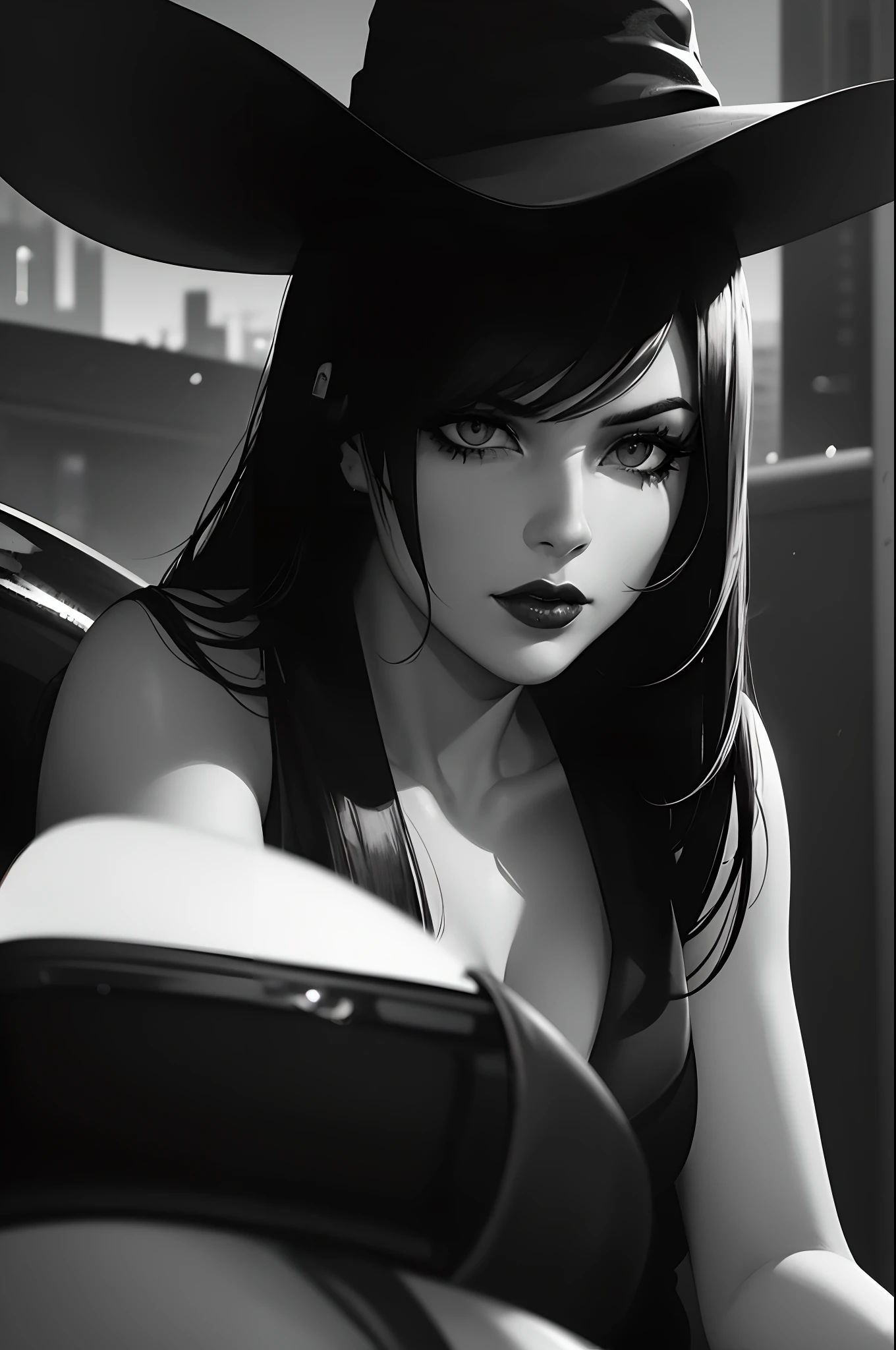 dramatic lighting,black and white photography,high contrast,gritty texture,seductive,cityscape background,nighttime scene,confident posture,red lipstick,piercing gaze,sharp focus,ultra-detailed,black high heels,smoke in the background,underworld boss,50's film noir style,moody atmosphere,shadowy silhouette,secretive,successful,menacing presence,sharp suit,hat tilted down,cigarette in hand,classic femme fatale,vintage car,urban setting,secret rendezvous,dangerous allure,mysterious aura. (best quality,highres:1.2),sinister vibes.