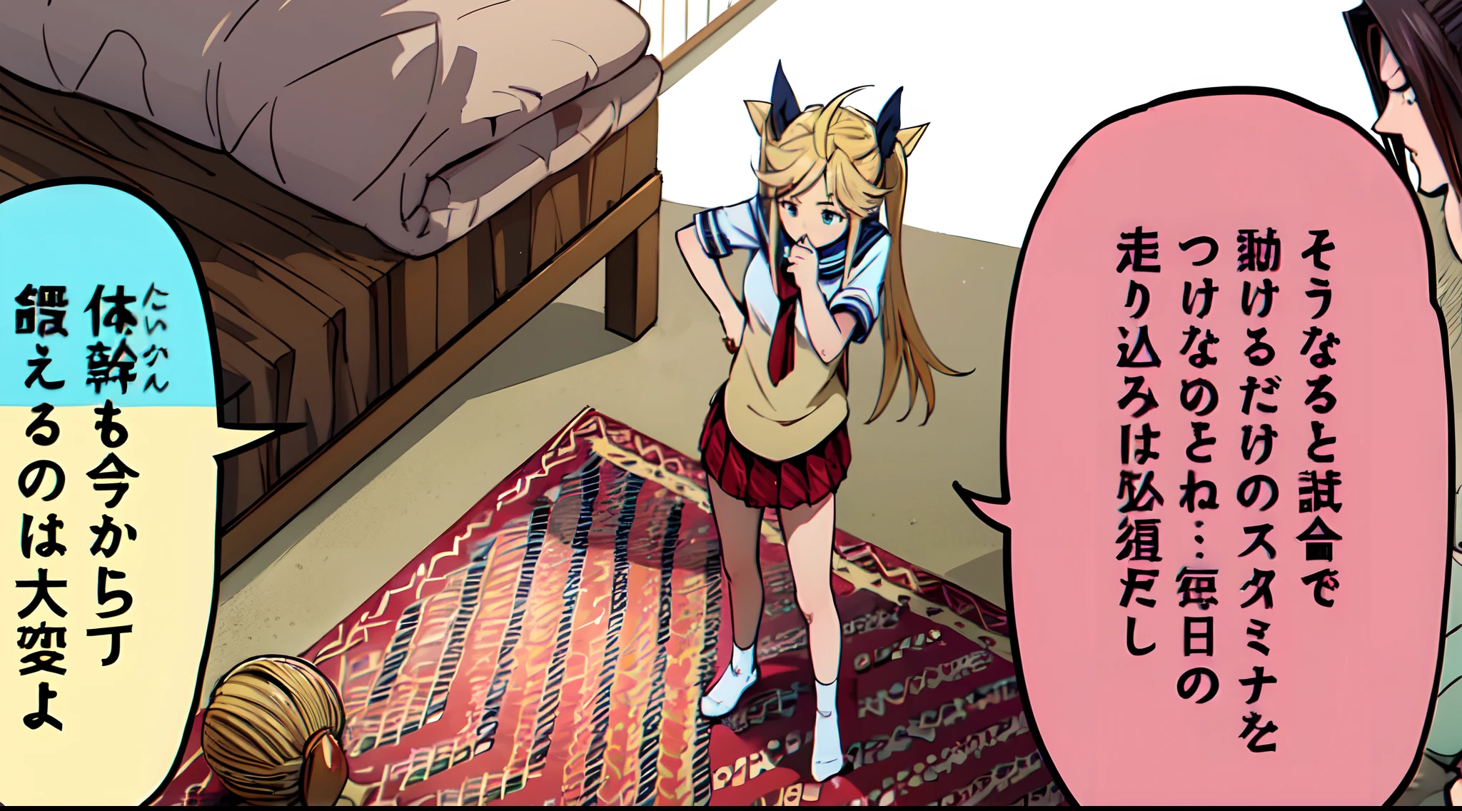 a anime of a girl cartoon, blonde hair, Pigtail, school uniform, sock, skirt, carpet, mattress, manga, text manga, color manga, manga color, color manga, color manga panel, a white background