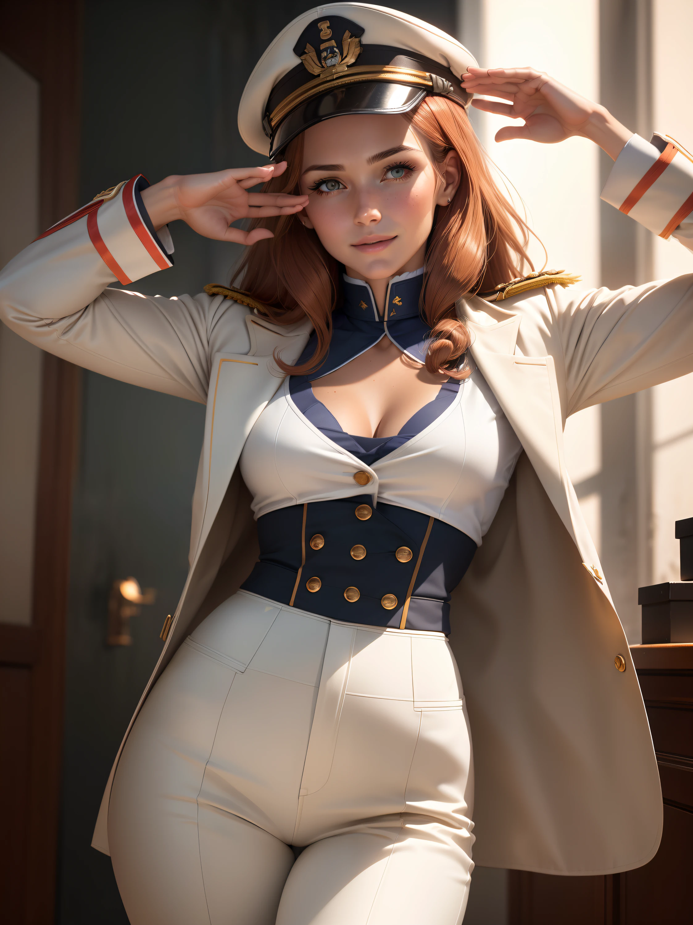 (1girl:1.4), (sfw), (clothed), (masterpiece), illustration,(realistic:1.5), (specular lighting:1.4), (hyperrealistic:1.2), (photorealistic face:1.2), (perfect face), (best quality), (8k), (4k), photorealistic, sharp focus, octane render, best quality, extremely detailed, intricate, hyper detailed, fantasy, soft lighting,(medium breasts:1.4), (skindentation:1.3), Matilda Ajan from Gundam, Matilda Agen, Matilda Ajan, looking straight at viewer, one hand down, tan full uniform, tan color uniform, tight off-white pants, perfect body, standing straight up, military attention, military salute, officer uniform, tan military jacket, tan buttoned up jacket, perfect hands, military officer hat, tan color hat, warm smile, kind smile, gundam in the background, short auburn hair, one hand down, hair slicked back, cropped hair, thigh gap