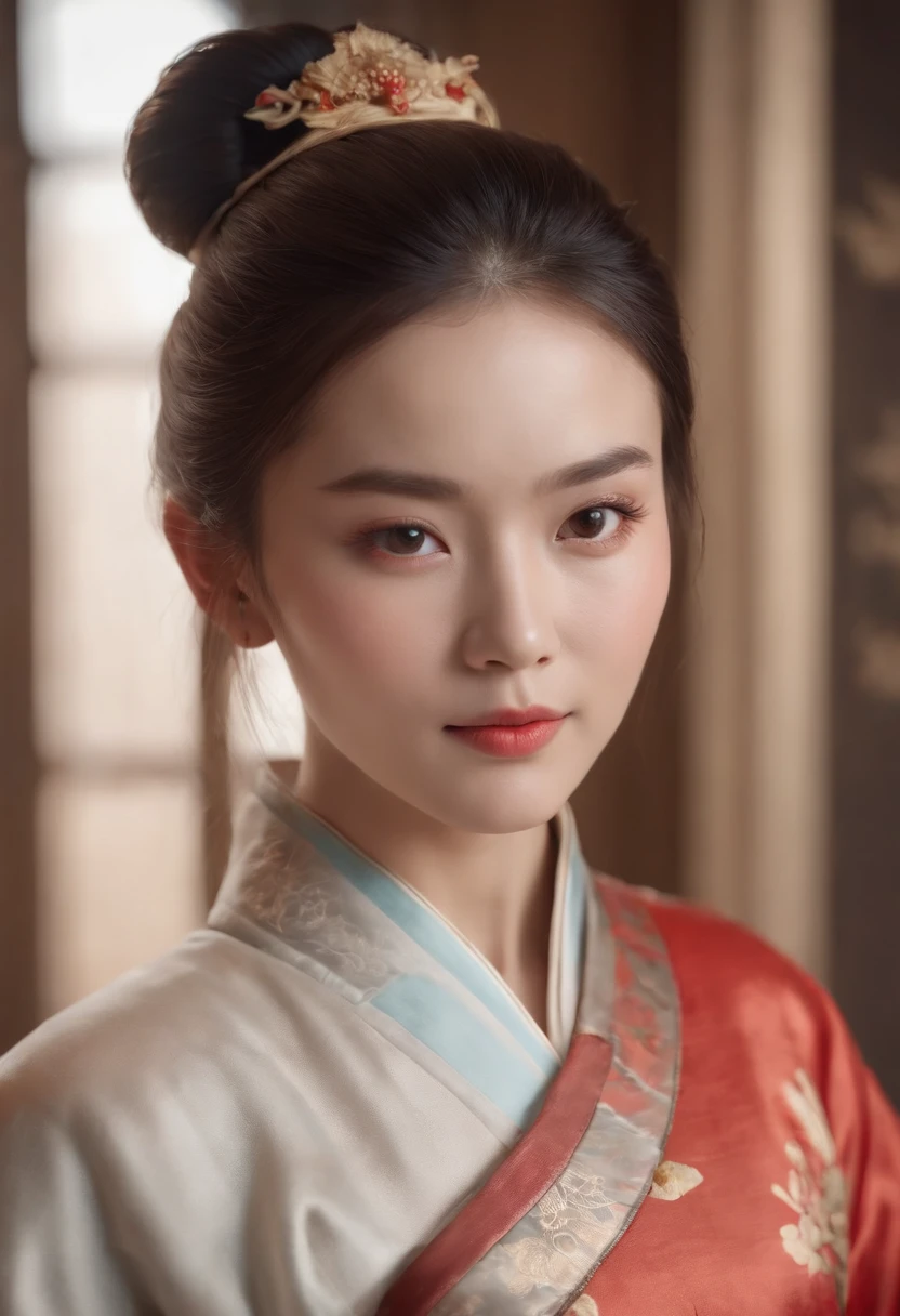 A beautiful woman dressed in Han Chinese costume holds a painting in both hands,hair-bun,Stunning,(Best quality,4K,8K,A high resolution,Masterpiece:1.2),(Ultra-detailed),(Realistic,Photorealistic,photo-realistic:1.37),(hdr),(hyper HD),(Studio lighting),(Ultra-fine painting),(Sharp focus),(Physically-based rendering),(Extreme detail description),(professional),(Vivid colors),(Bokeh),(sportrait),(Chinese calligraphy),(Warm color tones),(Soft lighting)
