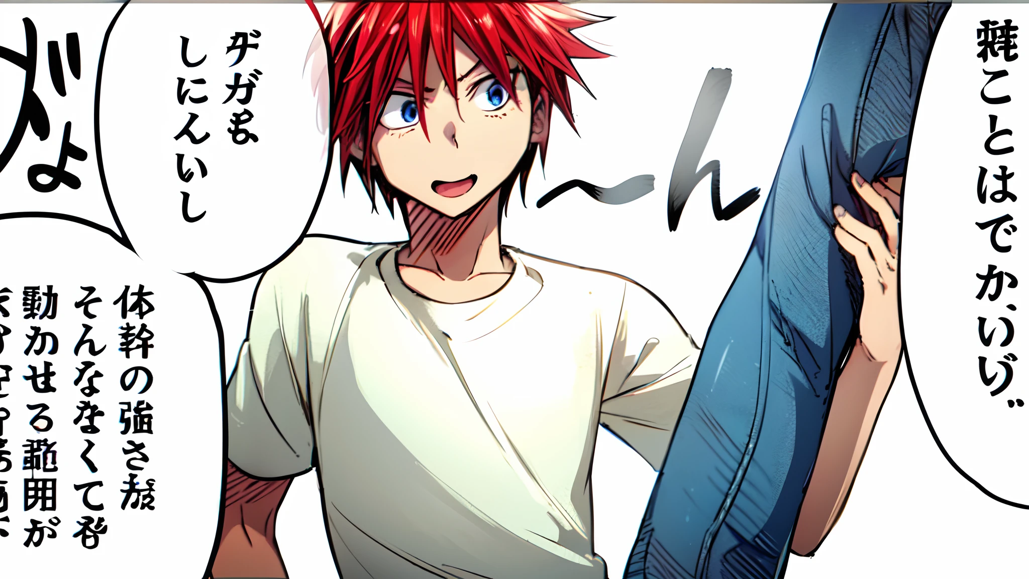 yoga, legs raised to the side, a anime of a boy cartoon, red hair, open mouth, jeans, shirt, manga, text manga, color manga, manga color, color manga, color manga panel, a white background