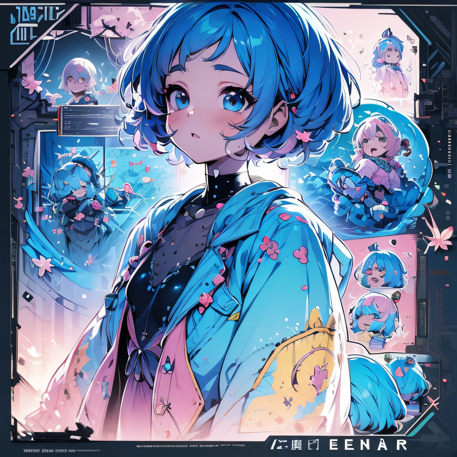 Blue hair,concept art, Pink detailed big eyes, hight resolution, yellow shirt, light pink tie, Little Blue Riding Hood, white open jacket, Concept art, <3, A lot of studs, Very fluffy hair, Short Hair Hair, Interesting posture