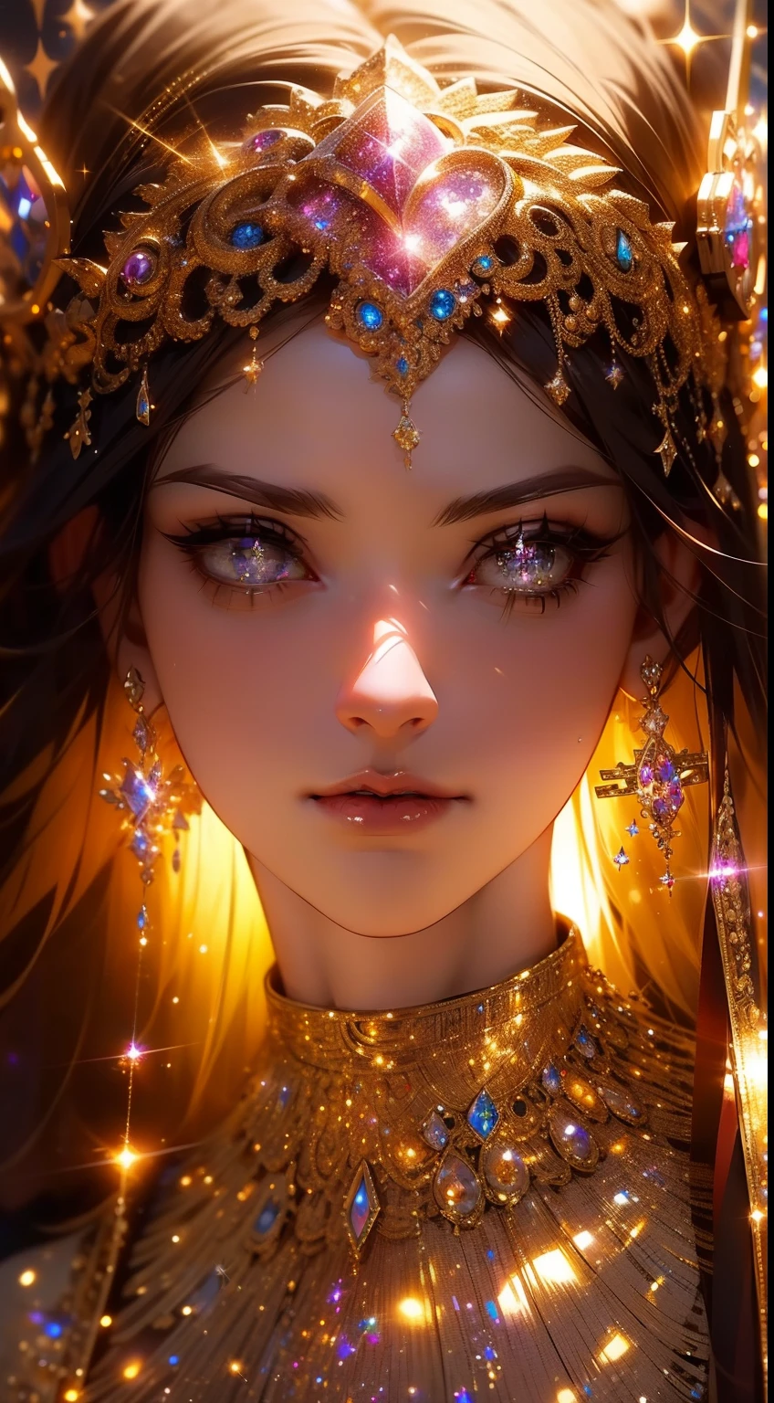 (masterpiece, best quality:1.2), 8k, insane details, intricate details, hyperdetailed, hyper quality, high detail, ultra detailed, professional, HDR, realistic, ray tracing reflection,
1girl, goddess, cinematic lighting, ornate, (glitter, sparkly golden:1.2), ornament, (diamond:1.1),