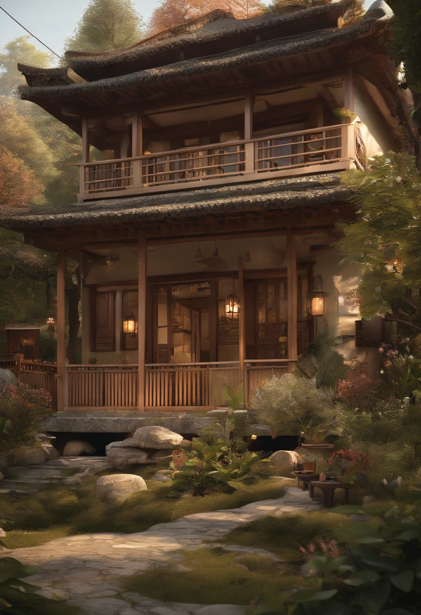 児童書:2.0、story book illustration、（（（Old couple）:1.5、komono、Sandals）、Wooden one-story house、veranda、Sit side by side）、in woods、Lawn square