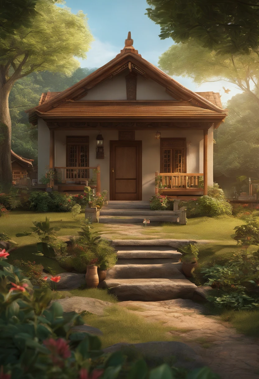 児童書:2.0、story book illustration、(((Old couple):1.5、komono、Sandals)、Wooden one-story house、veranda、Sit side by side)、in woods、Lawn square