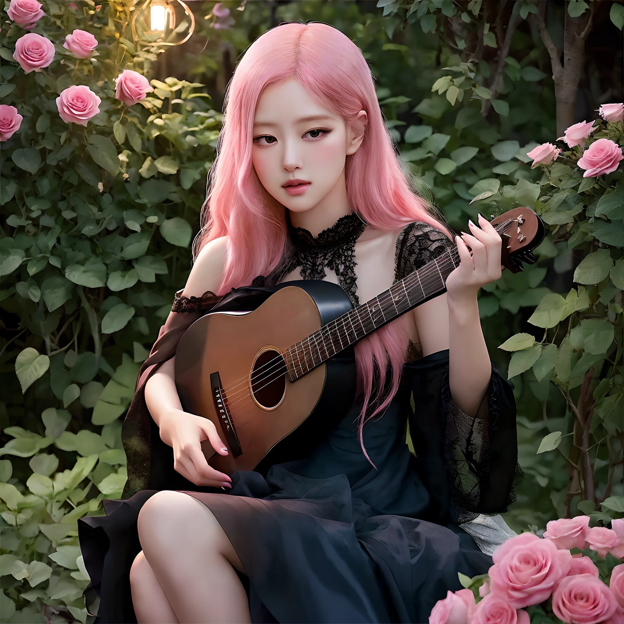 In the moonlit pink roses garden, a girl in a flowing black dress strums a guitar gently and pink hair. Her beautiful detailed eyes capture the ethereal glow, while her exquisite lips hum along with the rhythm. Surrounding her, vibrant flowers bloom in an array of colors, adding a touch of serenity to the scene. Soft moonlight cascades down, casting a dreamy glow on every detail. The girl's black dress shimmers with a satin-like texture, elegantly draping her slender figure. Every stitch and fold is meticulously crafted, exuding an air of sophistication and grace. Her fingers dance effortlessly on the strings, creating a melodic symphony that echoes through the night, pink roses rustling in harmony with the music. Adding a touch of whimsy to the setting. Sparkling fireflies flit around, leaving trails of light that enhance the enchanting atmosphere. The image exudes the best quality, with a level of detail that is truly mesmerizing. The colors are vivid and vibrant, accentuating the natural beauty of the surroundings. The scene is captured with a photorealistic style, where every brushstroke and texture is rendered with utmost precision. The soft, warm color tones enhance the dreamlike ambiance, enveloping the viewer in a sense of tranquility and wonder. The girl's face is illuminated by gentle studio lighting, emphasizing the delicate features that make her truly captivating. From her expressive eyes to her flowing pink hair, every aspect is rendered with ultra-fine painting, resulting in an incredibly lifelike portrayal. The combination of artistic craftsmanship and technical expertise creates a masterpiece that captures the essence of beauty and harmony. The overall scene exudes an aura of romanticism, blending elements of nature and music seamlessly. The play of light and shadow adds depth to the image, enhancing the overall visual imp Wait