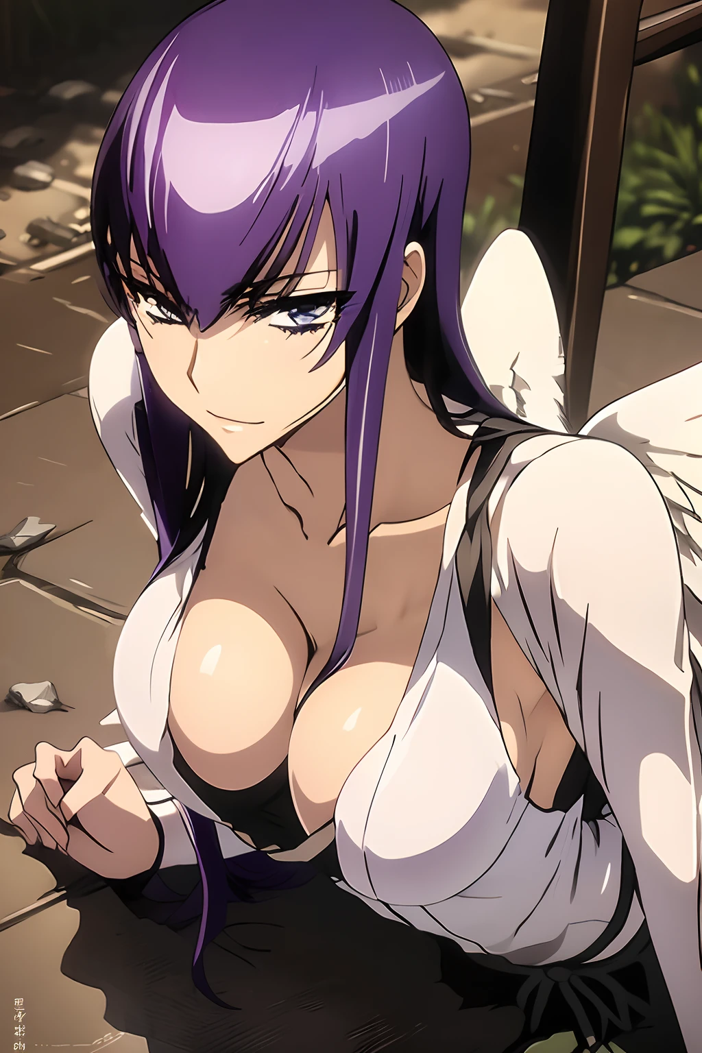 Saeko Busujima dressed as an angel, Angel costume, angel costume, alas, angel wings, alas grandes, alas extendidas, vestido blanco, cielo soleado, aureola, mirando al espectador, cuerpo completo