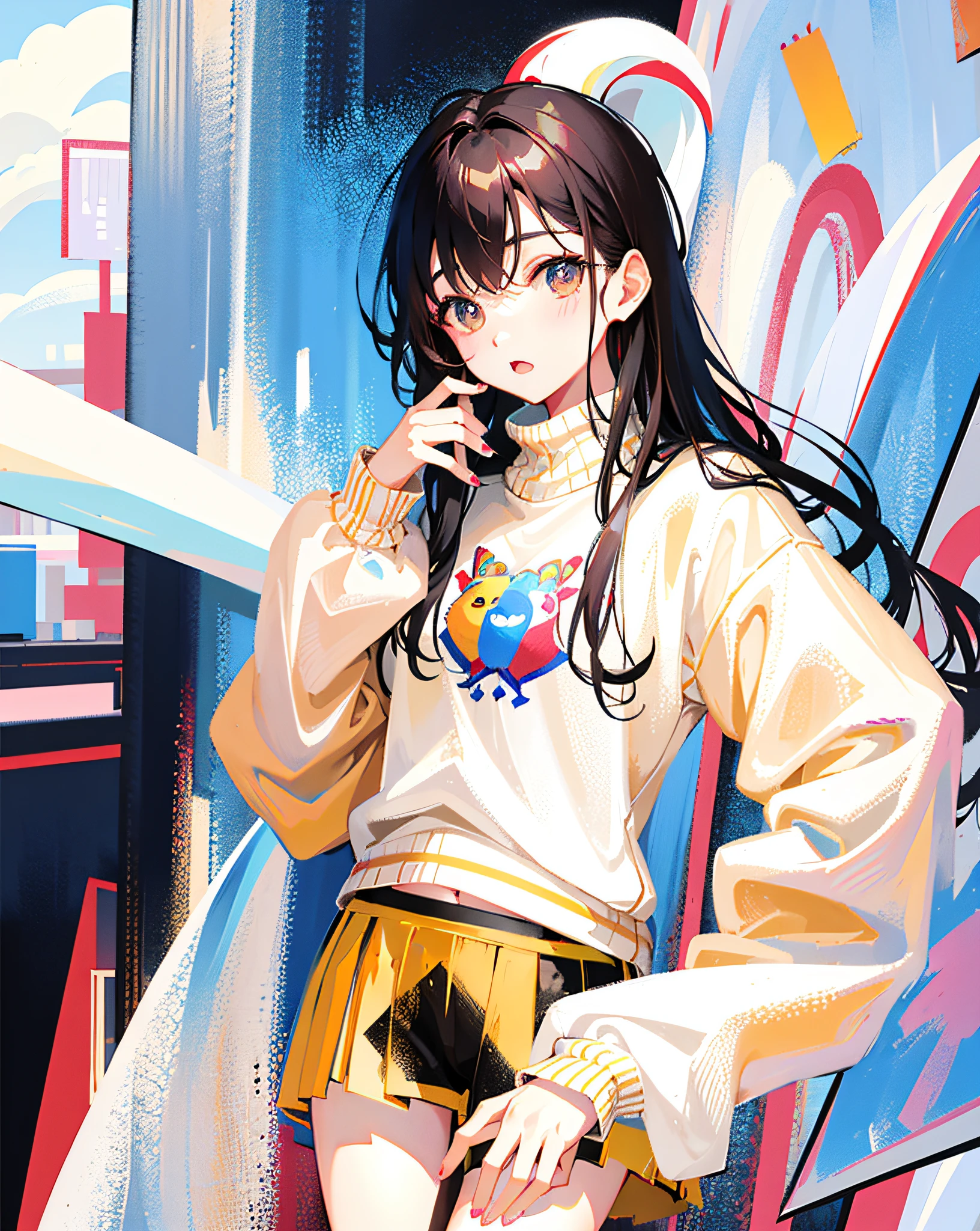 Make a photo of a FEMALE anime character in the manga series (ONE PIECE) named (BOA HANCOCK) ) with long black hair, with big round earrings in the shape of a sexy dragon, wearing a closed hip-hop shirt, long loose hip-hop pants. Sitting, with a colorful abstract painting background .makes the photo look anime realistic.