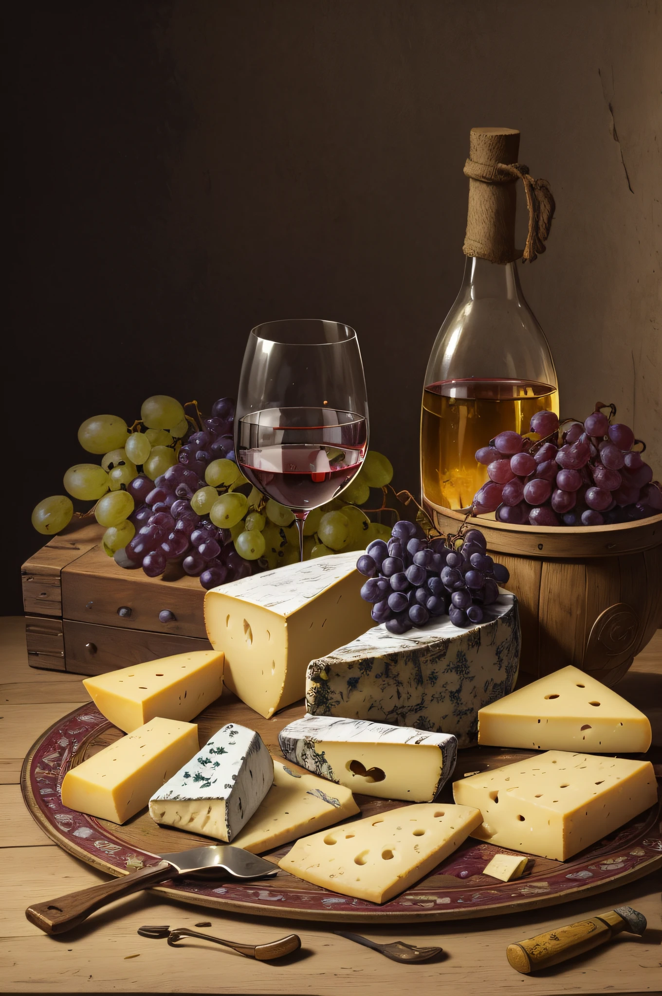 a vintage illustration of wine, cheese and grapes, (best quality, highres), (vibrant colors), detailed illustration, antique style, rustic composition, aged paper texture, meticulous brushwork, wine bottle and glass, cheese wheel and slices, bunch of grapes, classic still life, warm and inviting atmosphere, soft lighting, intricate details, rich color palette
