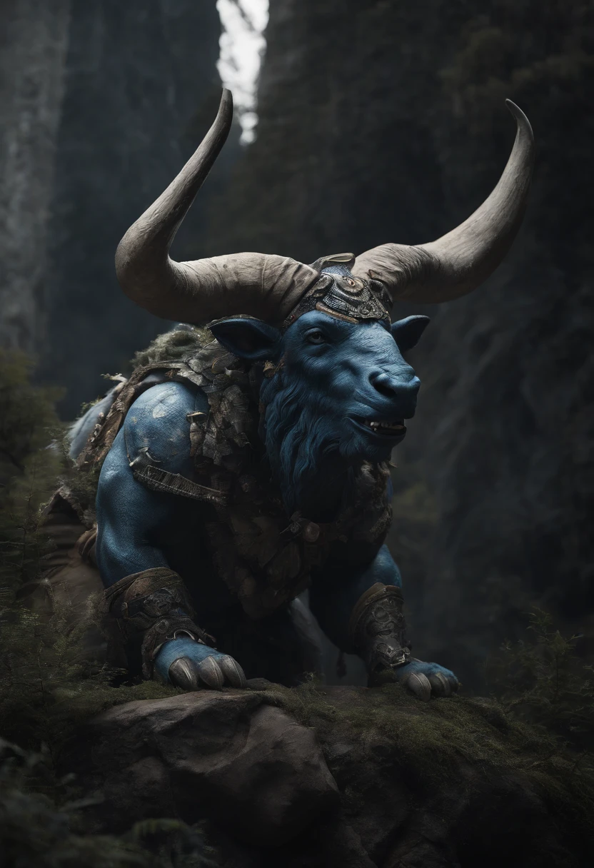 some pictures of a giant blue deity with large horns on his face, in the style of unreal engine 5, dark white, shwedoff, furry art, close-up intensity, mystic mechanisms, dark white and dark gray --ar 5:9 --s 750 --v 5.2