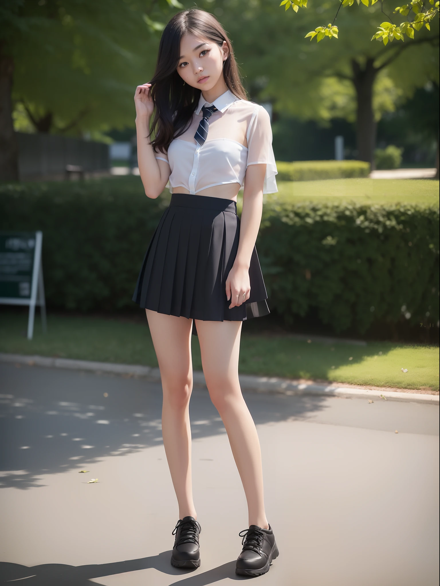 18 Year Old Woman, Long hair, Raw photo, Bokeh (Realism: 1.4, Realistic), high-definition CG unified 8K wallpapers, 1girl in, ((Slim body: 1)), (Small breasts: 1), Back to viewers, ((Direct view from the front)), (HQ Skin: 1.4), 8K UHD, Digital SLR, Soft light, High quality, Film grain, FujifilmXT3, ((School uniform, Short skirt,See-through open skirt:1.5)), ((plein air, on the park))) jangjoo, Portrait,((Layered short haircuts, Black Hire,tiny chest:1.2)),(Looking at Viewer:1.4),(Full body:1.8),Detailed face,undergarment,
