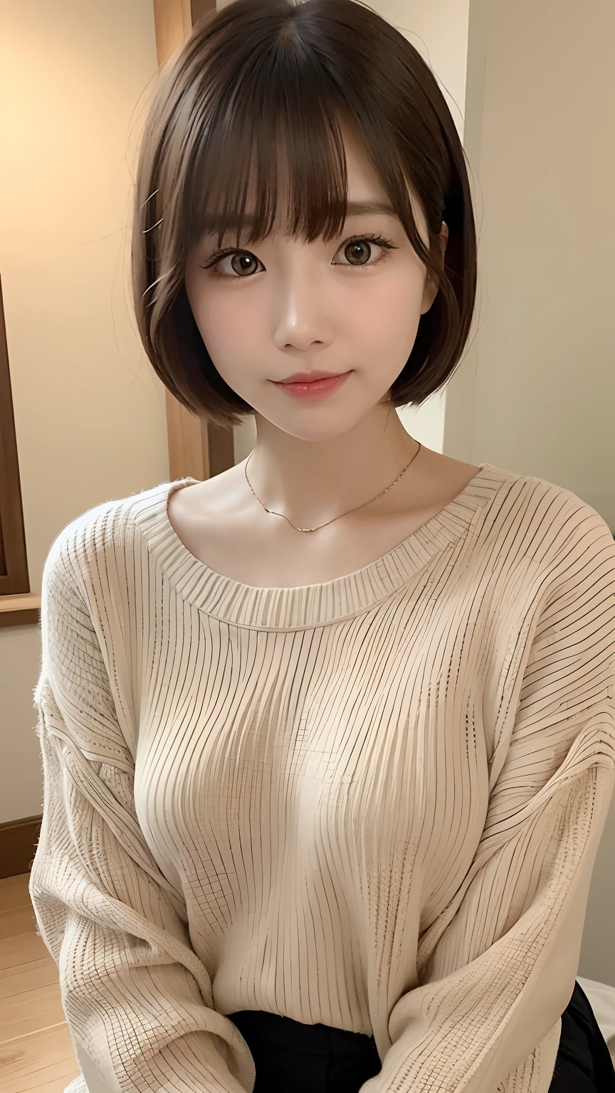 a close up of a woman with a sweater on posing for a picture, Middle metaverse, Yoshitomo Nara, Japanese model, Beautiful Asian girl, with short hair, 2 4 year old female model, 4 k'' ], 4K], 2 , sakimi chan, sakimichan