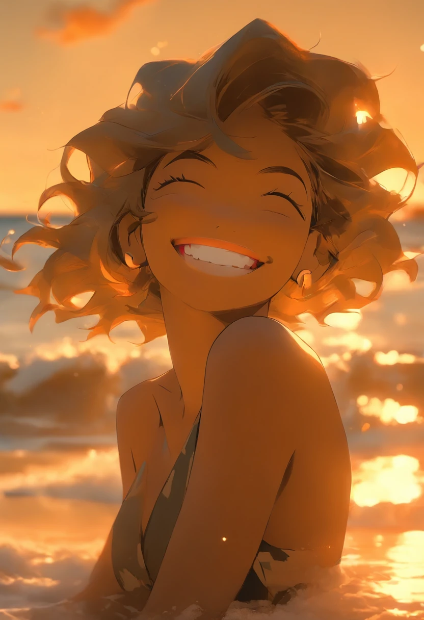 the woman is smiling on the beach, in the style of light brown and dark black, fashwave, mesoamerican influences, candid celebrity shots, uhd image, body extensions, natural beauty --ar 69:128 --s 750 --v 5.2