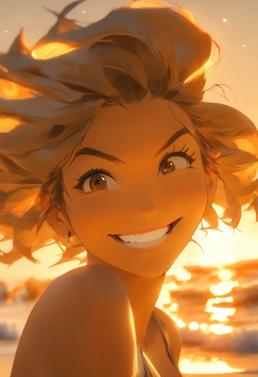 (ultra-realistic realism, 8K, Extremely detailed, Best quality, Super detailed, Masterpiece, Ultra-realistic, High detail, RAW photo, Realistic, photograph realistic, 超高分辨率, Realistic, Top quality, RAW photography, Depth of field, Cinematic lighting). (one pretty woman). (Blonde hair). (二重まぶた). (Smiling). (Solo). (at the sunset). (Pose freely on the rocks by the sea). (patterns, Intricate tropical island-inspired clothing). (Cowboy shot from below).