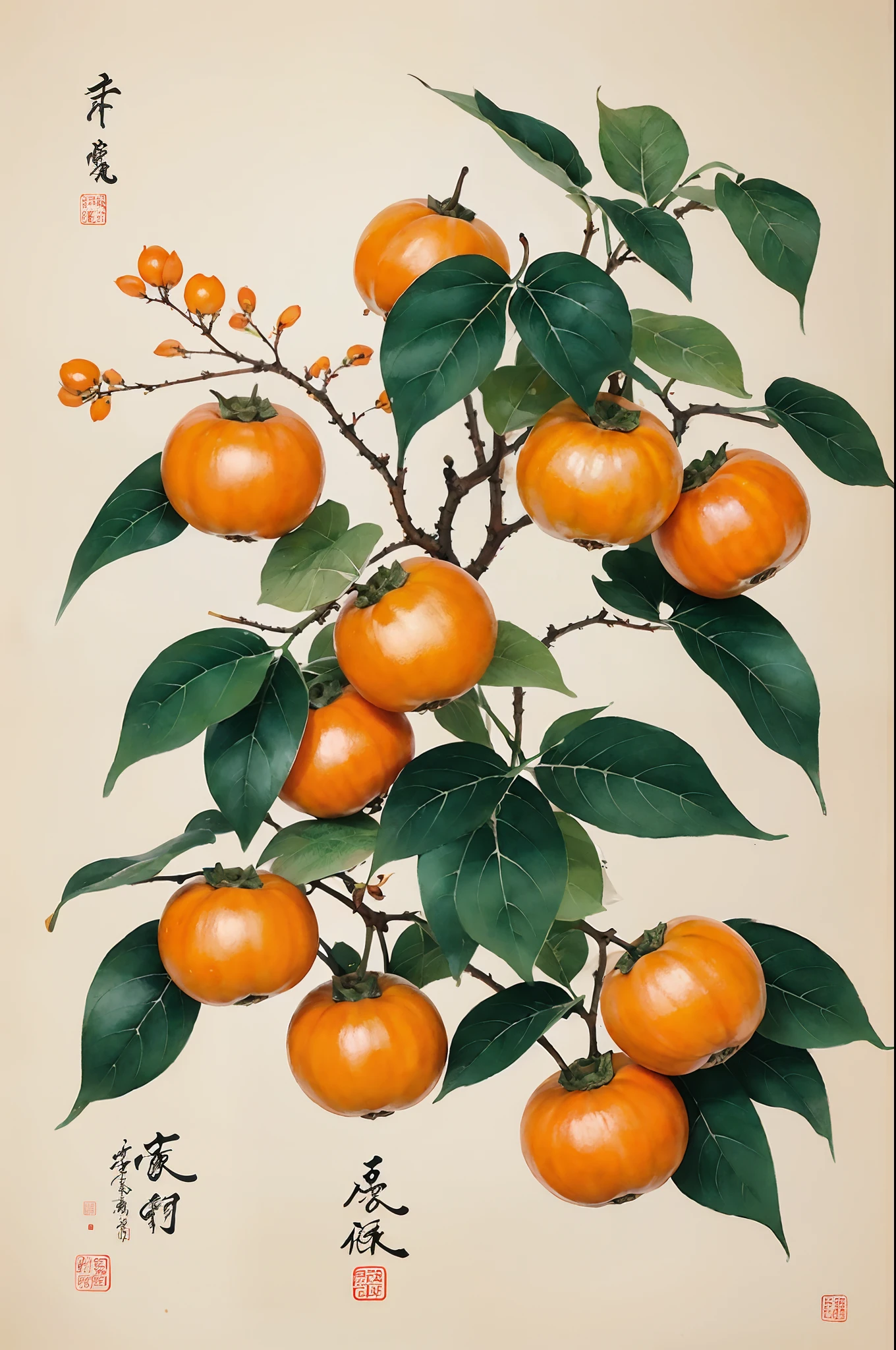 Persimmon Ruyi,Simple screen,Four persimmons,Ripe persimmons,simplebackground,chinese brush pen illustration,chinese painting style,Chinese traditional painting,Tradition Chinese Ink Painting,Chinese style painting,chinese watercolor style,China ink painting,Beautiful artwork illustration,Inspired by Xiao Yuncong,traditional chinese art,chinese paintings,Middle Metaverse,inspired by Chang Dai-chien