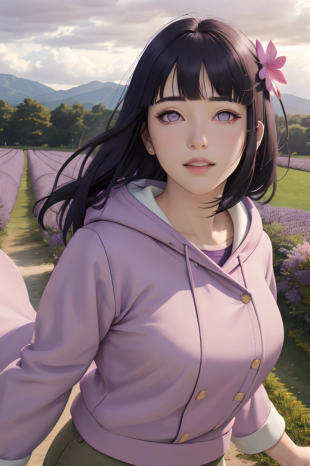 masterpiece, absurdres, hinata\(boruto\), 1girl, solo,mature female, purple hoodie,layered sleeves, brown pants, outdoors,lavender flower field, looking at viewer, (falling petals), cloudy sky, perfect composition, detailed lips, big breast, beautiful face, body propotion, blush, (pink lips), long hair, purple eyes, soft gaze, sad smile, super realistic, detailed, photoshoot, realistic face and body, realistic hair, realistic eyes, realistic nose, realistic lips