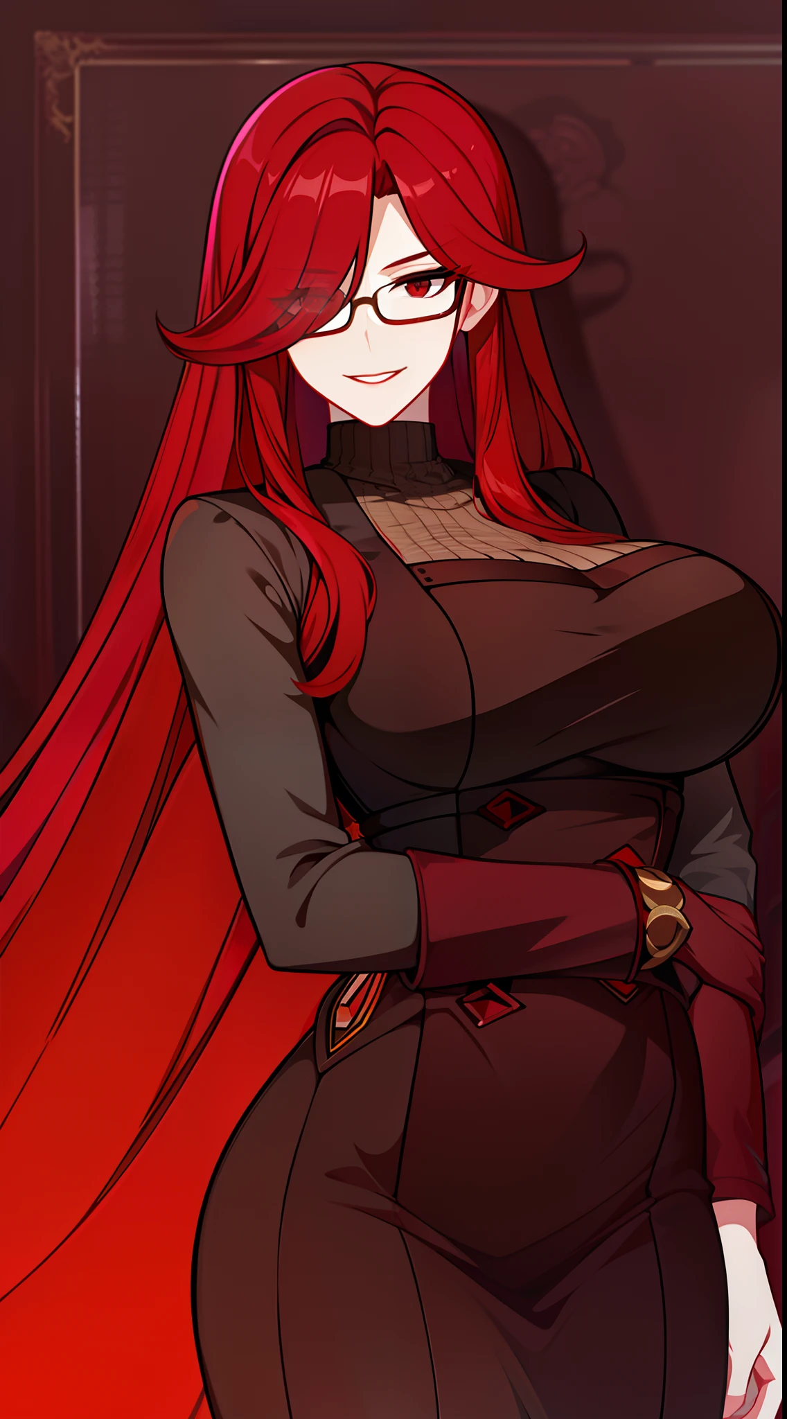 Adult woman, Long red hair, Brown eyes, eyeglasses, red lipstick, large breasts, Black Dense Overall Shape, evil, smirk, fetters, open breasts, Masterpiece, hiquality, 4k, HD, Good detail
