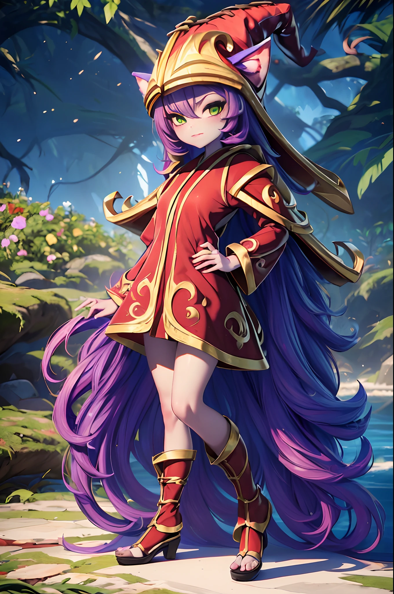 ((masterpiece)), melhor qualidade, Ultra high resolution, (fotorrealista: 1.4), (obra-prima, melhor qualidade,(1 ), ((Lulu)) \(League of Legends\) kimono vermelho com detalhes douradis, joias, illustration, gargantilha, estrela \(simbol\), uma borboleta roxa, olhos verdes, olhos brilhantes, cabelo roxo, cabelo roxo, cabelos longos, brincos, kimono vermelho, vestido vermelho e dourado, joias de outo, Red and gold witch hat, paisagem, noite, magia, elegante, gueixa, olhar gentil, templo, floresta, ahegao, feets, pele lilas, olhos verdes, olhos detalhados, outono, folhas de outono, ((borboleta roxa))