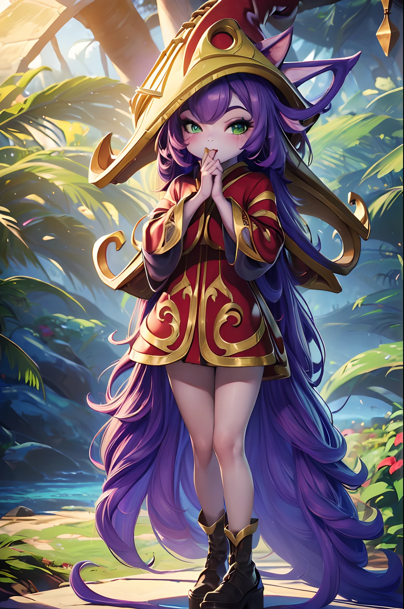 ((masterpiece)), melhor qualidade, Ultra high resolution, (fotorrealista: 1.4), (obra-prima, melhor qualidade,(1 menina), ((Lulu)) \(League of Legends\) kimono vermelho com detalhes douradis, joias, illustration, gargantilha, estrela \(simbol\), uma borboleta roxa, olhos verdes, olhos brilhantes, cabelo roxo, cabelo roxo, cabelos longos, brincos, kimono vermelho, vestido vermelho e dourado, joias de outo, Red and gold witch hat, paisagem, noite, magia, elegante, gueixa, olhar gentil, templo, floresta, ahegao, feets, pele lilas, olhos verdes, olhos detalhados, outono, folhas de outono, ((borboleta roxa))