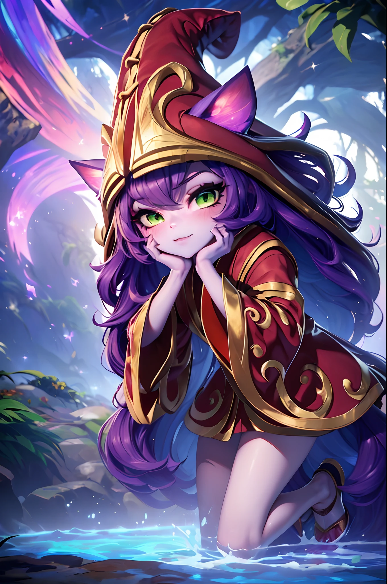 ((masterpiece)), melhor qualidade, Ultra high resolution, (fotorrealista: 1.4), (obra-prima, melhor qualidade,(1 ******), ((Lulu)) \(League of Legends\) kimono vermelho com detalhes douradis, joias, illustration, gargantilha, estrela \(simbol\), uma borboleta roxa, olhos verdes, olhos brilhantes, cabelo roxo, cabelo roxo, cabelos longos, brincos, kimono vermelho, vestido vermelho e dourado, joias de outo, Red and gold witch hat, paisagem, noite, magia, elegante, gueixa, olhar gentil, templo, floresta, ahegao, feets, pele lilas, olhos verdes, olhos detalhados, outono, folhas de outono, ((borboleta roxa))